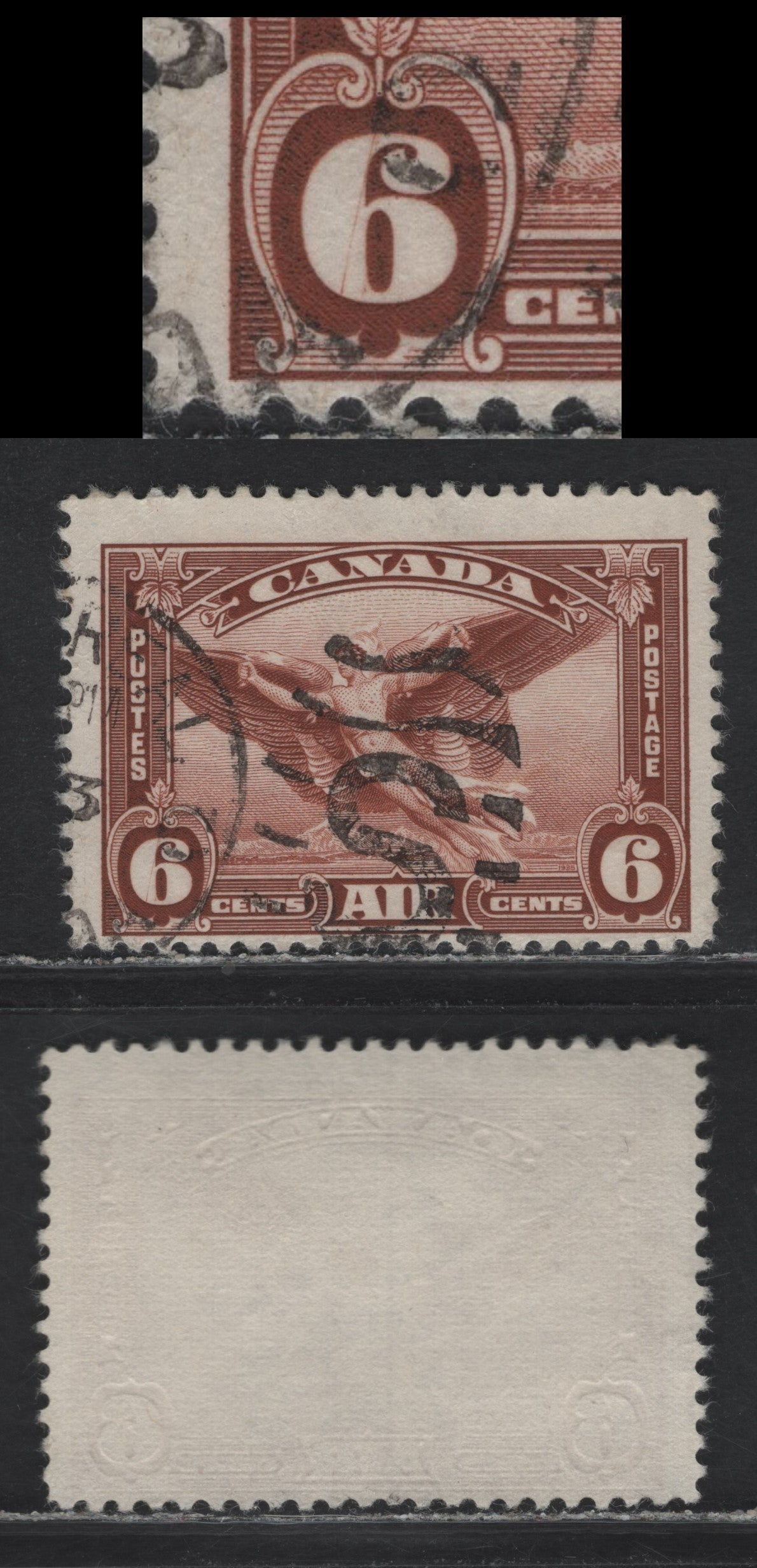 Lot 375 Canada (C) #C5 6c Red Brown Daedalus In Flight, 1935 Airmail Issue, A Fine Used Single, Horizontal Mesh Paper, Showing Unlisted Diagonal Scratch Through Left '6'