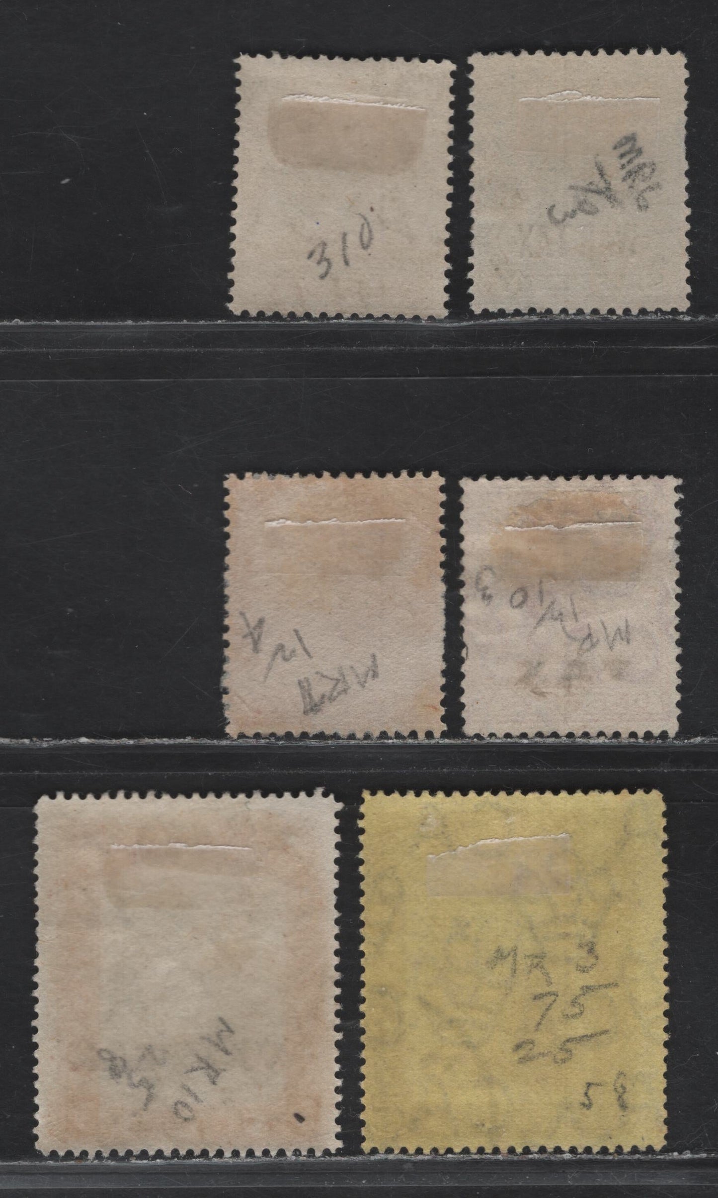 Lot 47 Bahamas SG#94, 96-97, 99-100, 103 3d - 1d Purple on Yellow - Carmine Rose Queens Staircase, 1918-1919 War Tax Overprinted Issue, 6 Fine/Very Fine Used Singles