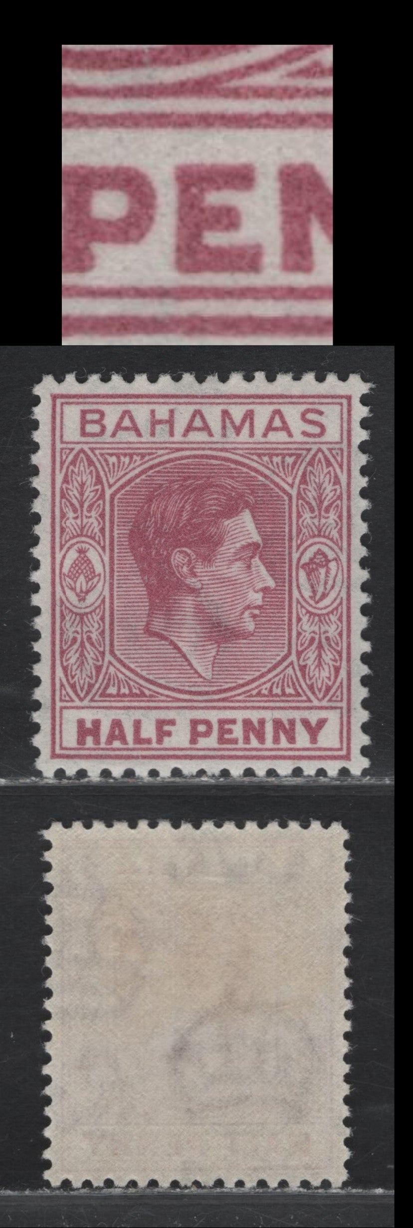 Lot 62 Bahamas SG#149ec 1/2d Brown Purple King George VI, 1938-1952 KGVI Issue, A VFOG Single, Elongated 'E' From Left Pane R9/6