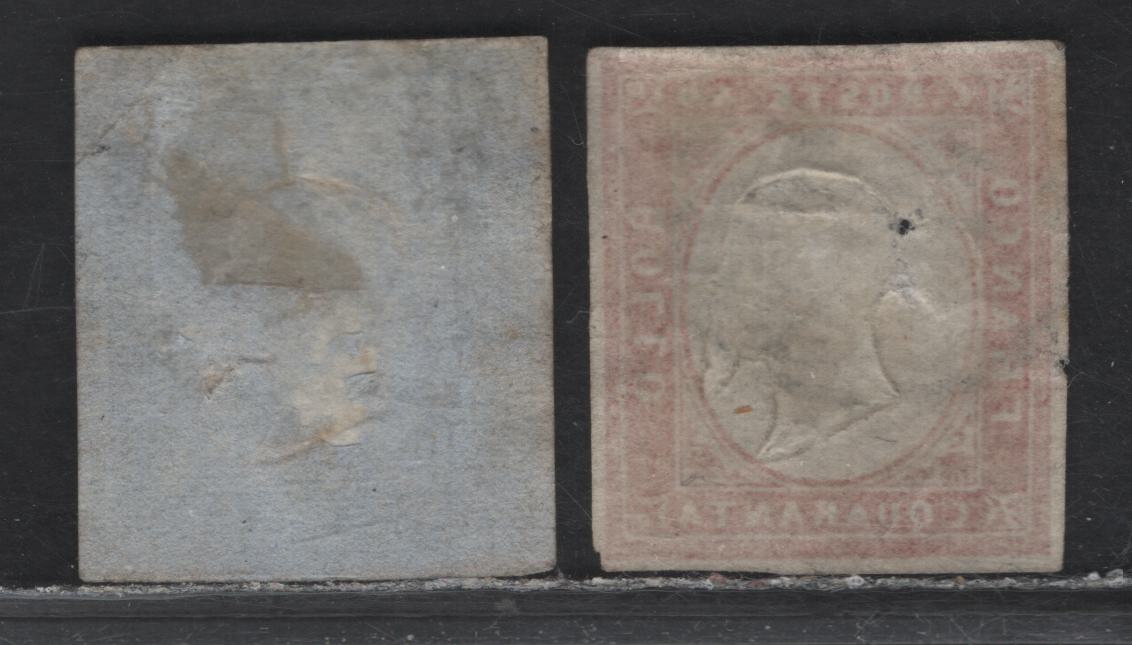 Lot 95 Italy - Sardinia (C) SC#12b, 13 20c - 40c Light Blue - Red Victor Emmanuel II, 1855-1863 Victor Emmanuel II Issue, 2 Very Good Used Singles, 20c Has A Diagonal Crease & 50c Has A Pinhole