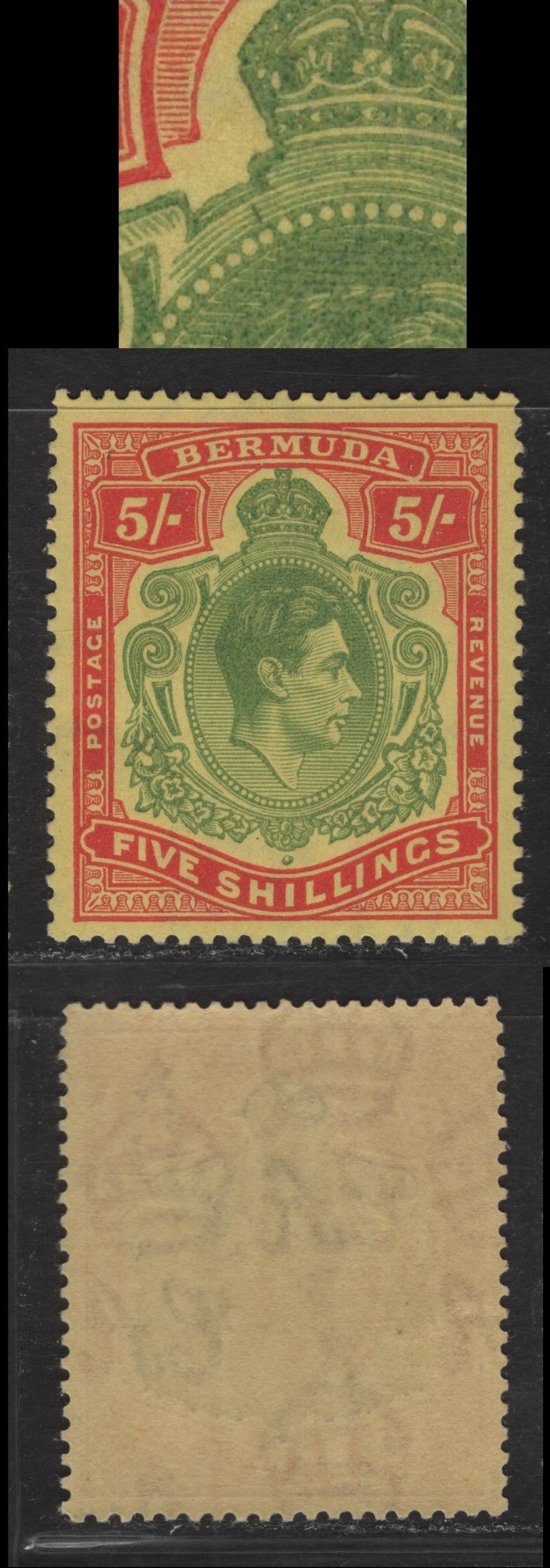 Lot 109A Bermuda SG#118f 5/- Yellow Green & Red on Pale Yellow King George VI, 1938-1953 KGVI Pictorial Issue, A VFNH Single, February 1950 Printing, Ordinary Paper, Perf 13.25x13, Unlisted Diagonal Slash Above Pearl Near The Crown.