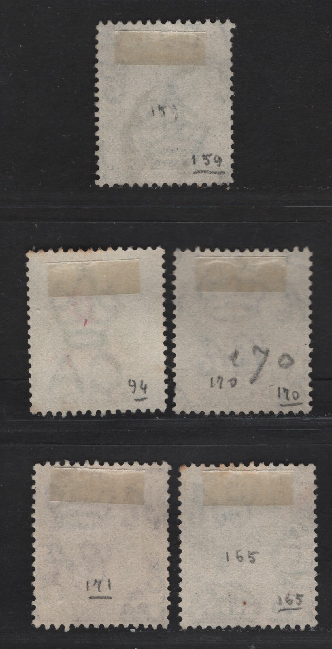 Lot 160 Mauritius (C) SG#134, 210, 215, 220-221 6c on 18c - 20c Green & Ultramarine - Purple Surcharges - Arms, 1899-1926 Surcharges - Arms Issues, 5 Very Fine Used Singles, Script CA Wmk
