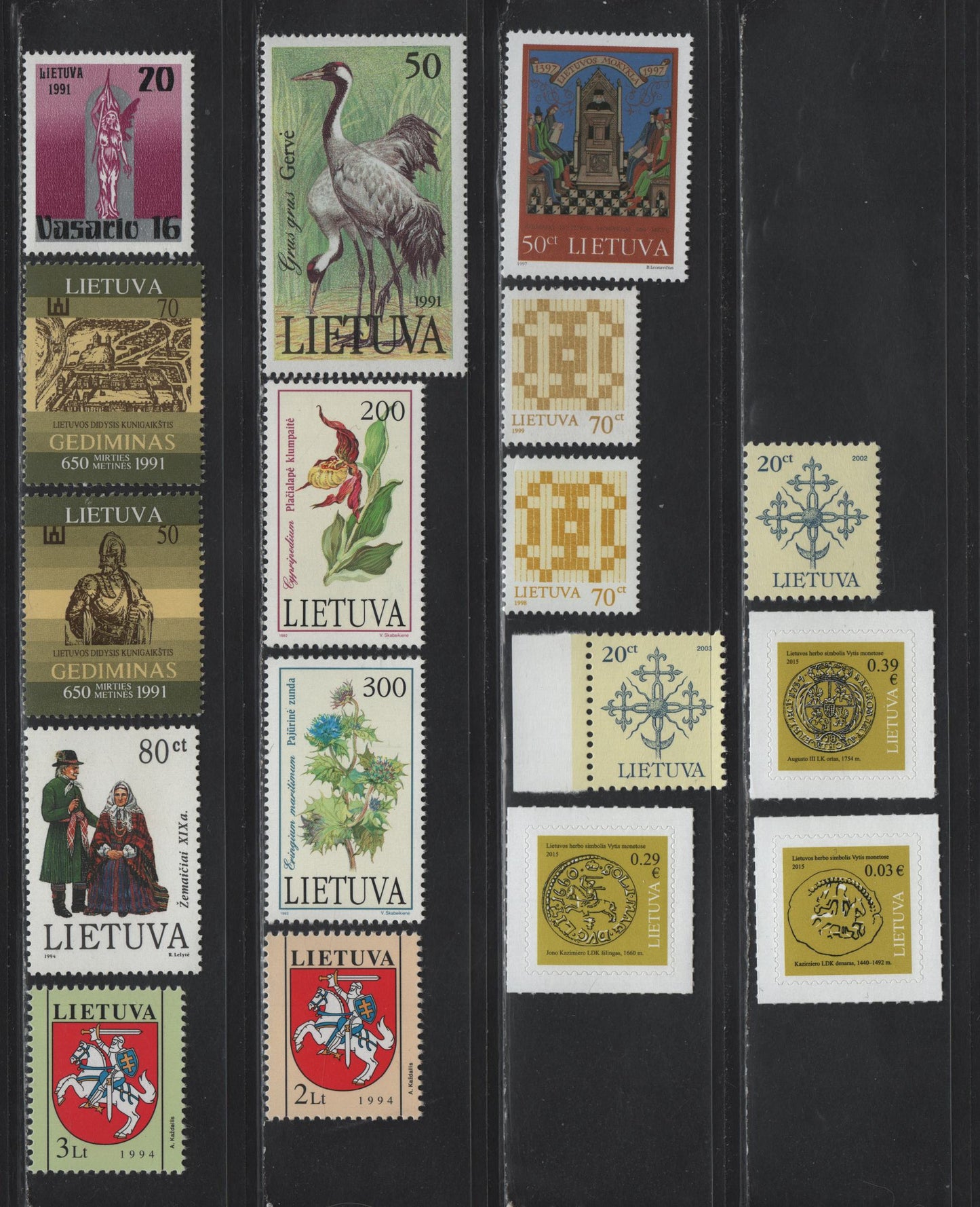 Lot 201 Lithuania SC#388, 401-402, 404, 425-426, 494, 487-488, 570, 582,a, 651a-b, 1040, 1042-1043 20k - 39c Multicolored - Olive Bistre & Black, 1991-2015 Liberty Statue - Self Adhesive White Knight Issues, 17 VFNH Singles