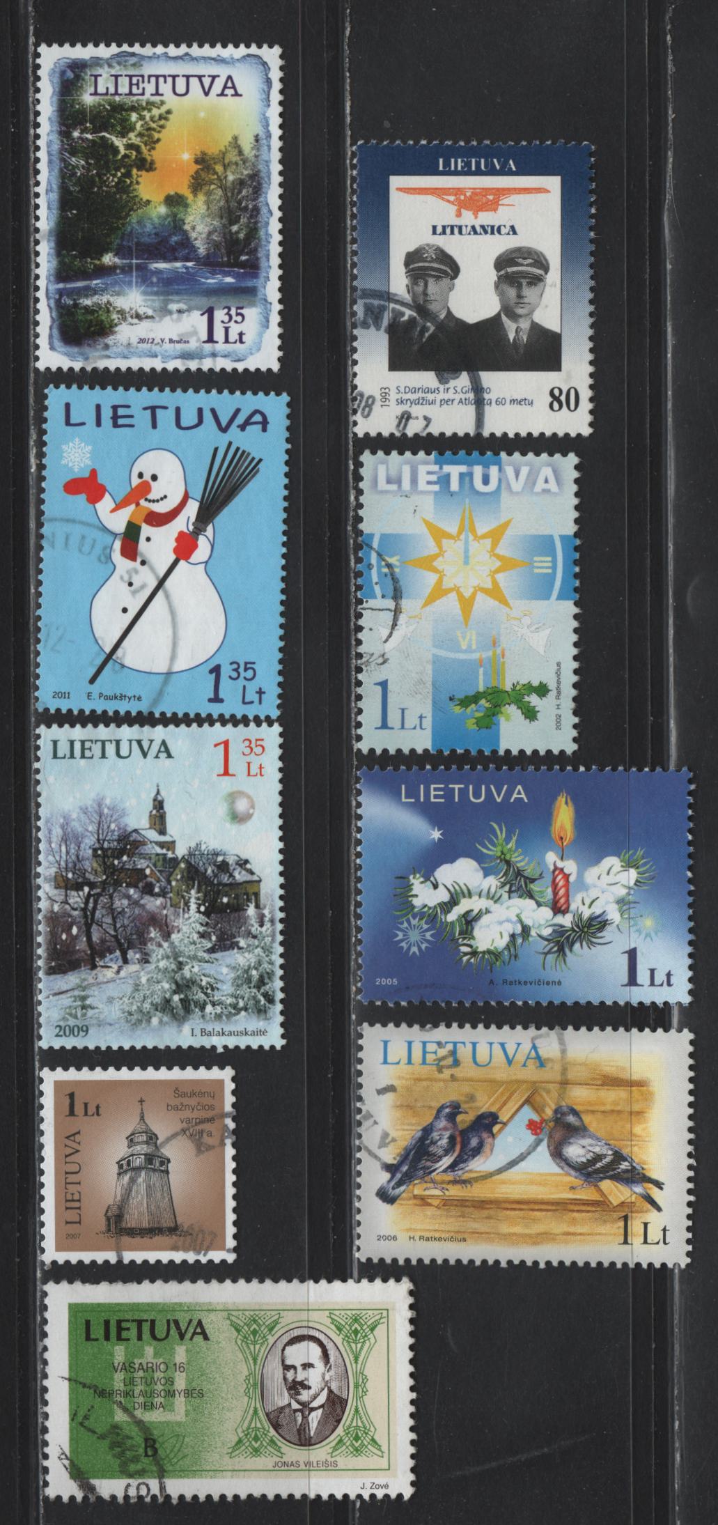 Lot 205 Lithuania SC#458, 441, 731, 801, 822, 827, 904, 955, 987 80c - 1.35l Multicolored , 1993-2012 Deaths of Darius & Girenas - Christmas Issues, 9 Very Fine Used Singles