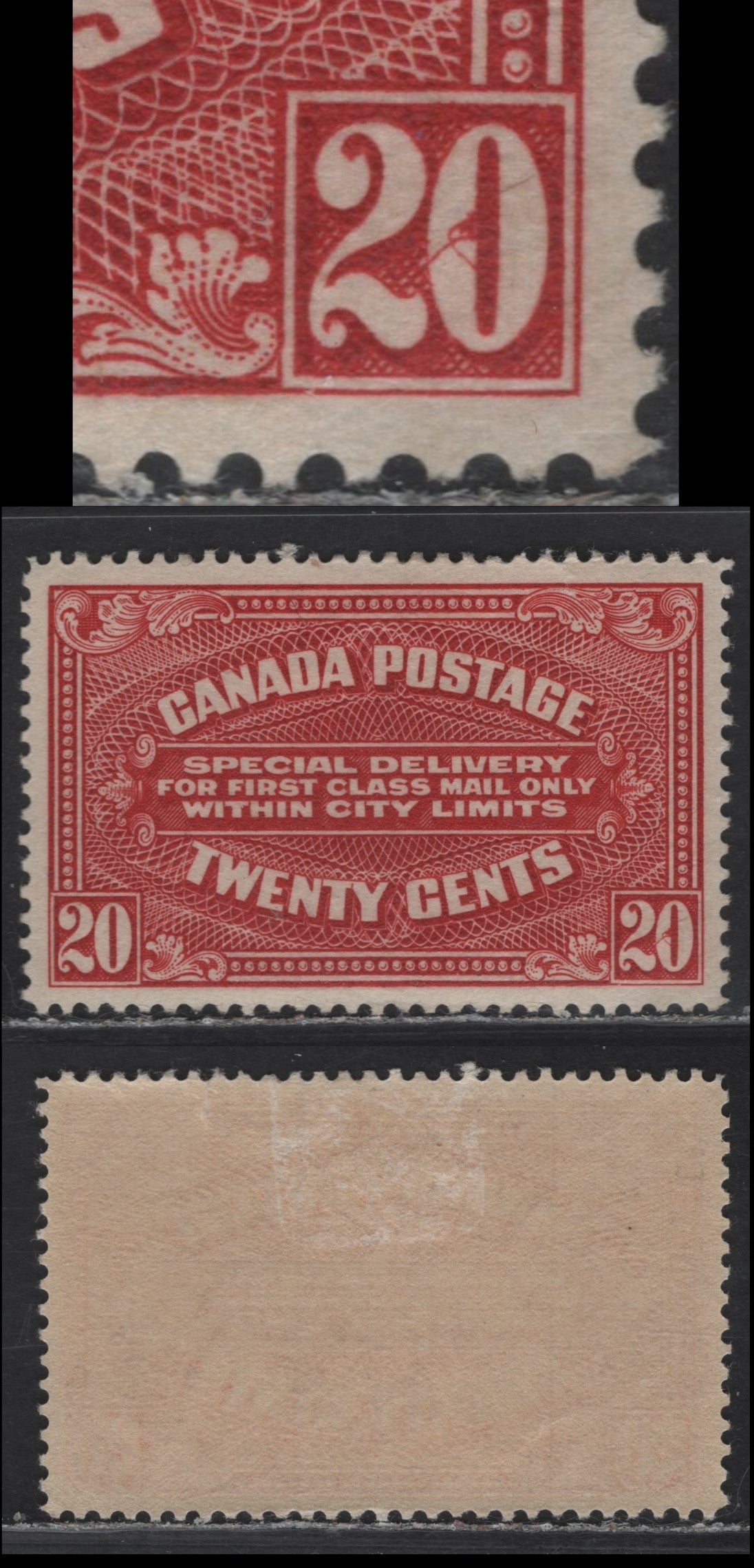 Lot 348 Canada #E2a 20c Carmine Red , 1922 Special Delivery Issue, A VFOG Single, Wet Printing, Horizontal Wove Paper With Smooth Semi Gloss Gum, Crossed Hairs & Burr Variety Inside Right 0