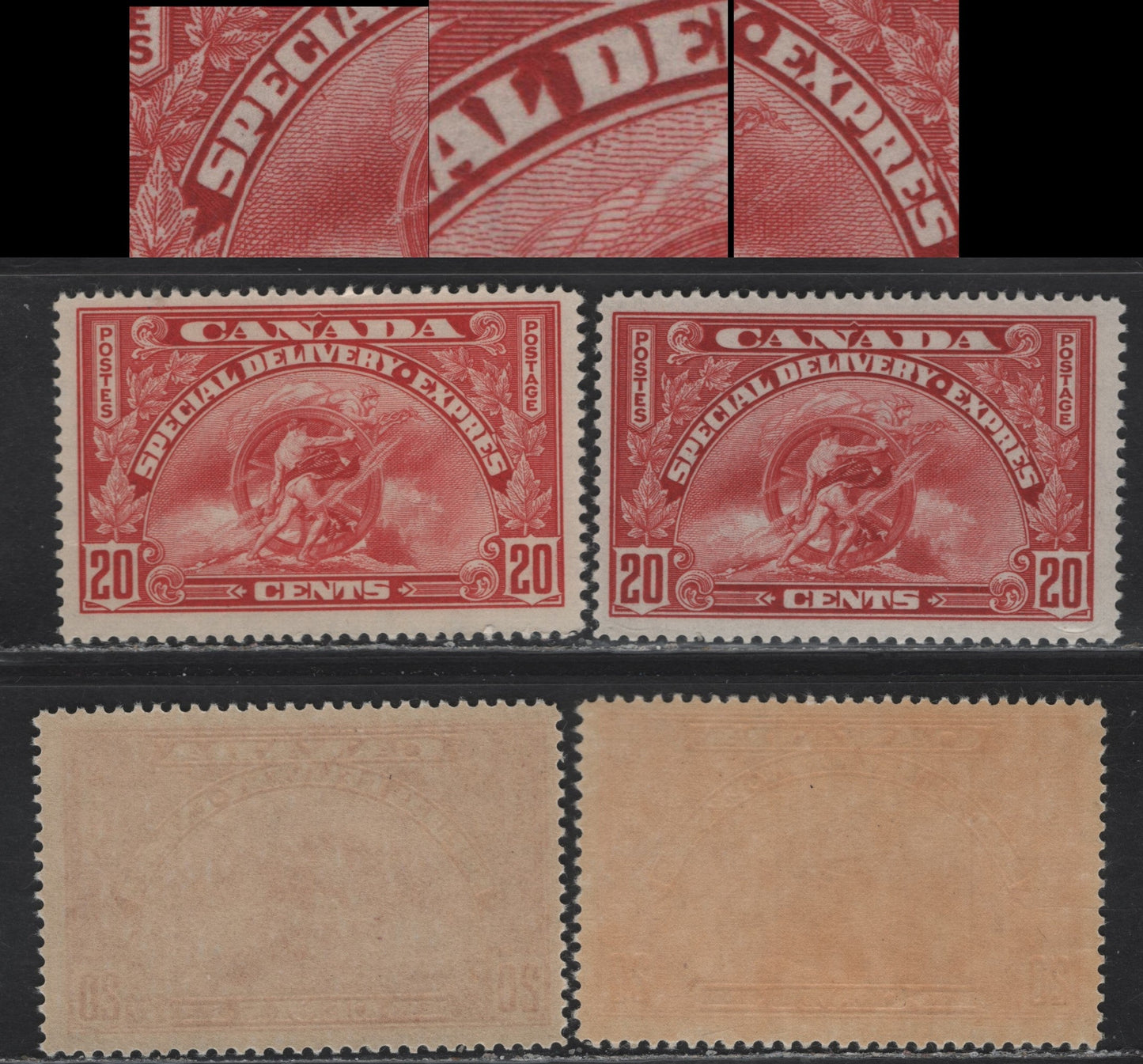 Lot 351 Canada (C) #E5 20c Carmine, Bright Carmine , 1935 Special Delivery Issue, 2 FNH Singles, CBN-UUU & CBN-RRR Papers, Perf 11.9x12, The UUU paper Shows Errant Dashes In The Design As Indicated In The Scans.