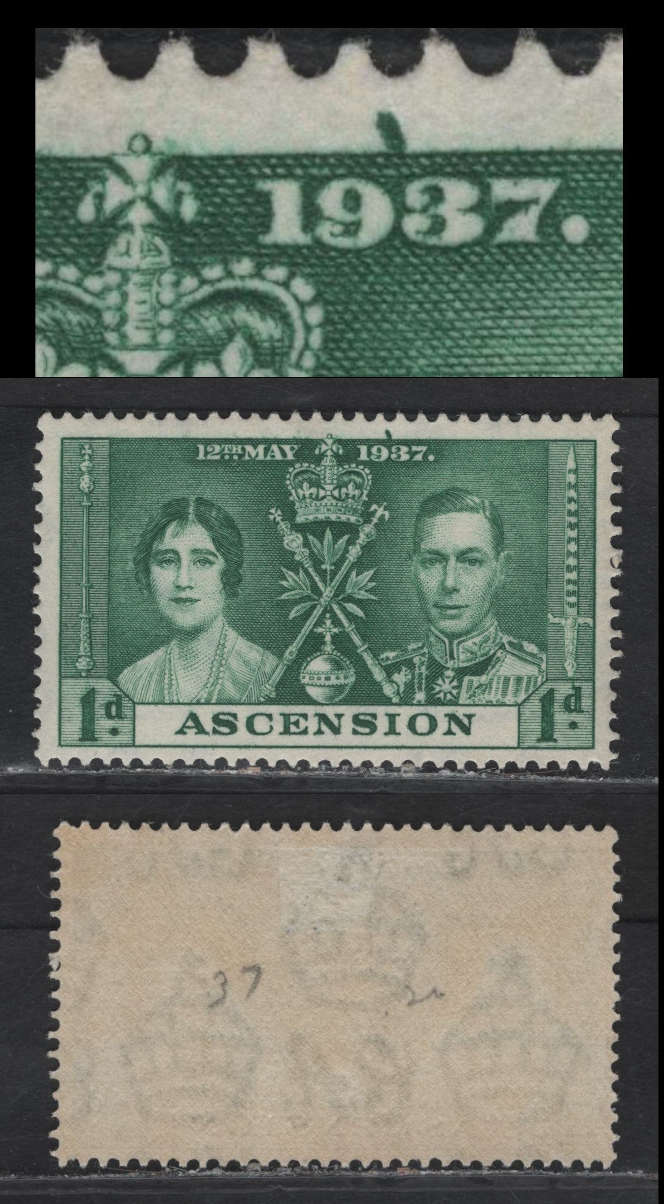 Lot 145 Ascension (C) SG#35var 1d Green , 1937 Coronation Issue, A VFOG Single, Showing Large Burr In Upper Margin, Similar In Nature To The Extra Leaf Variety On The KUT Issue & Likely Constant