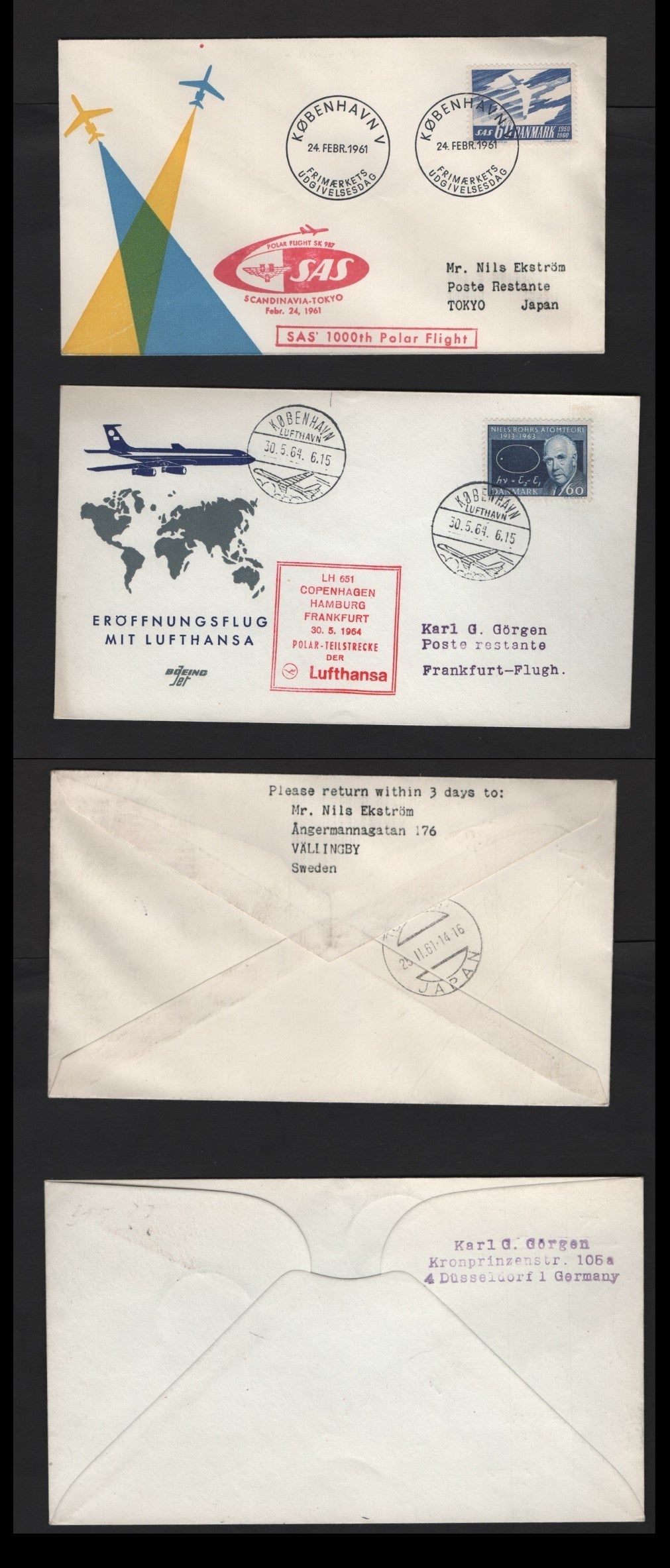 Lot 290 Denmark (C) 1961 & 1964 Polar Flight Covers, 2 Very Fine Used Covers, One For Copenhagen-Hamburg-Frankfurt & Other Copenhagen-Tokyo