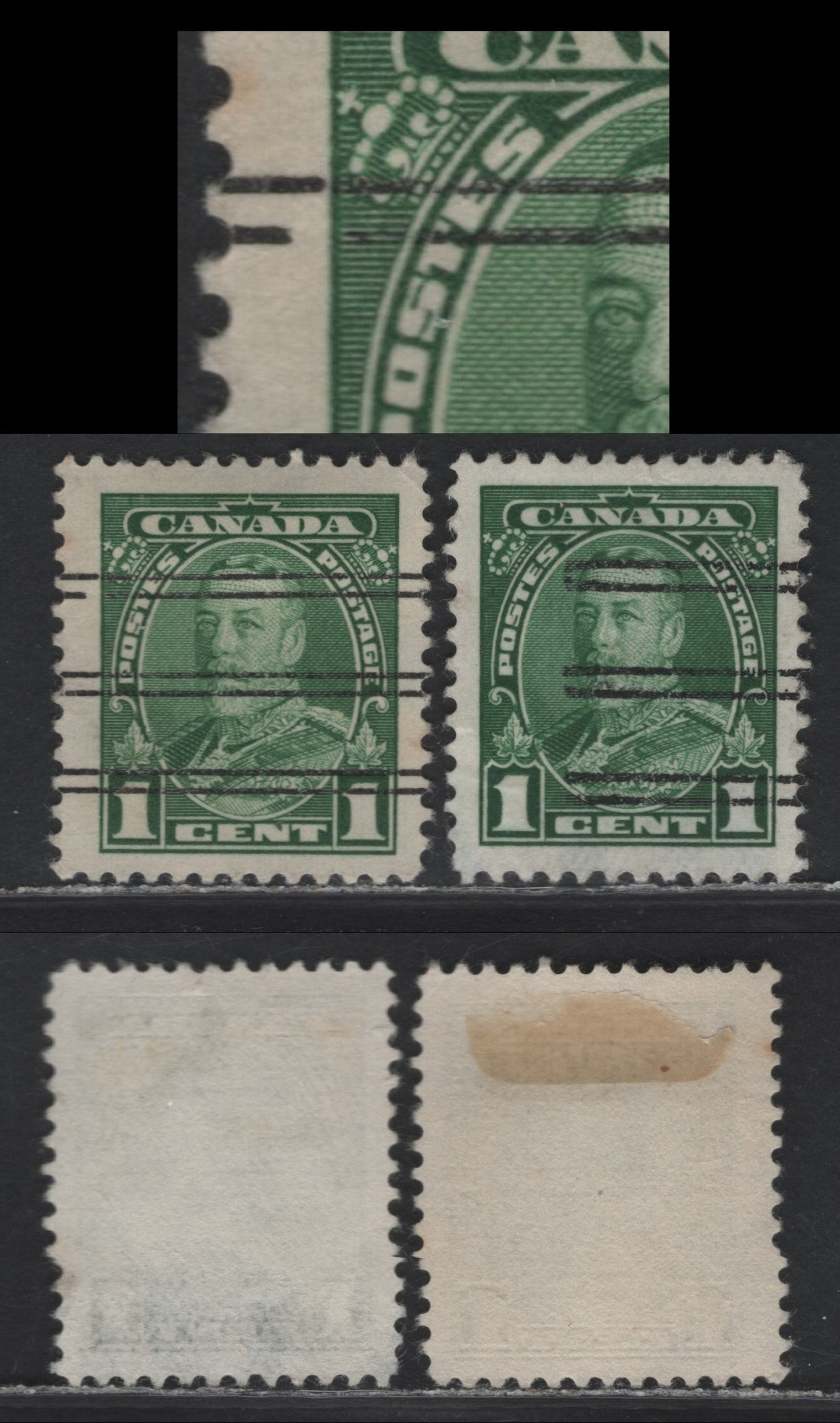 Lot 352 Canada #217xx 1c Green King George V, 1935-1937 Dated Die Issue Airmail, 2 VF & Fine Used Singles On Different Papers, Style W Precancel From First Column Of Overprinting Plate & Style X Precancel With Broken Top Bars, Shalow Thinning On Style W