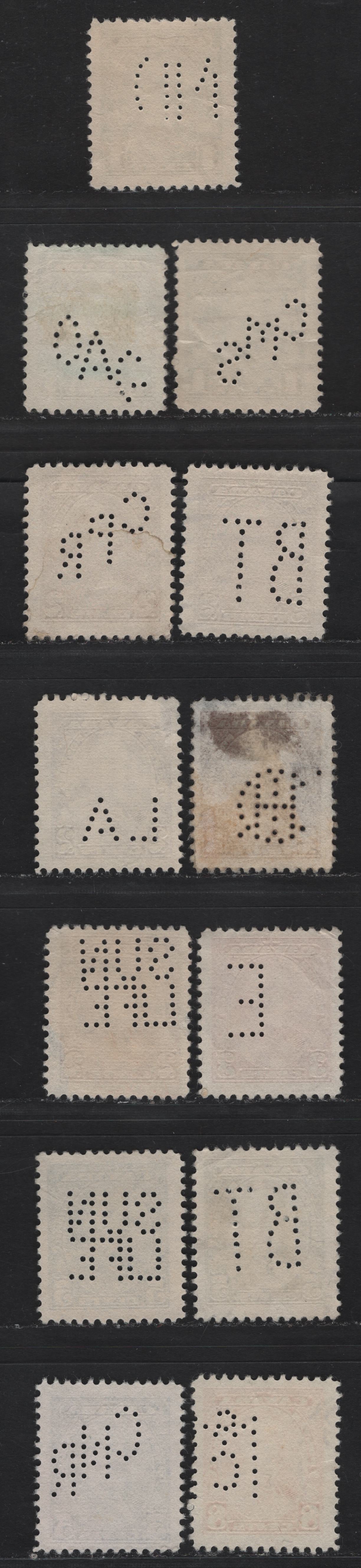 Lot 356 Canada #217var-219var, 221var, 222var 1c-3c, 5c, 8c Green - Red Orange King George V, 1935-1937 Dated Die Issue Airmail, 13 Fine & VG Used Singles On Different Papers With Various Perfins