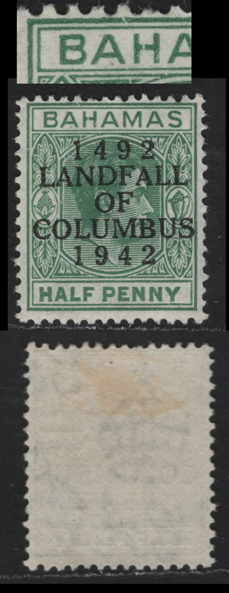 Lot 268 Bahamas (C) #162var 1/2d Bluish Green King George VI, 1942-1945 Landfall Of Columbus Issue, A Fine OG Single Overprinted 1942 Printing On Rough Paper, Showing Unlisted Frame Break Above AH Of Bahamas (C)