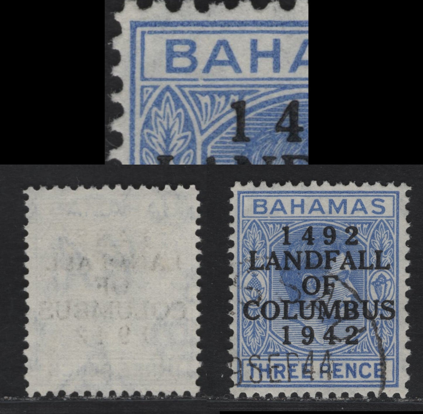 Lot 286 Bahamas (C)SG#167var 3d Ultramarine , 1942 Columbus Issue, A Very Fine Used Single, 1944 Printing On Thin Translucent Paper, Showing Constant Frame Break Below 'BA' of Bahamas, Unlisted In Gibbons.