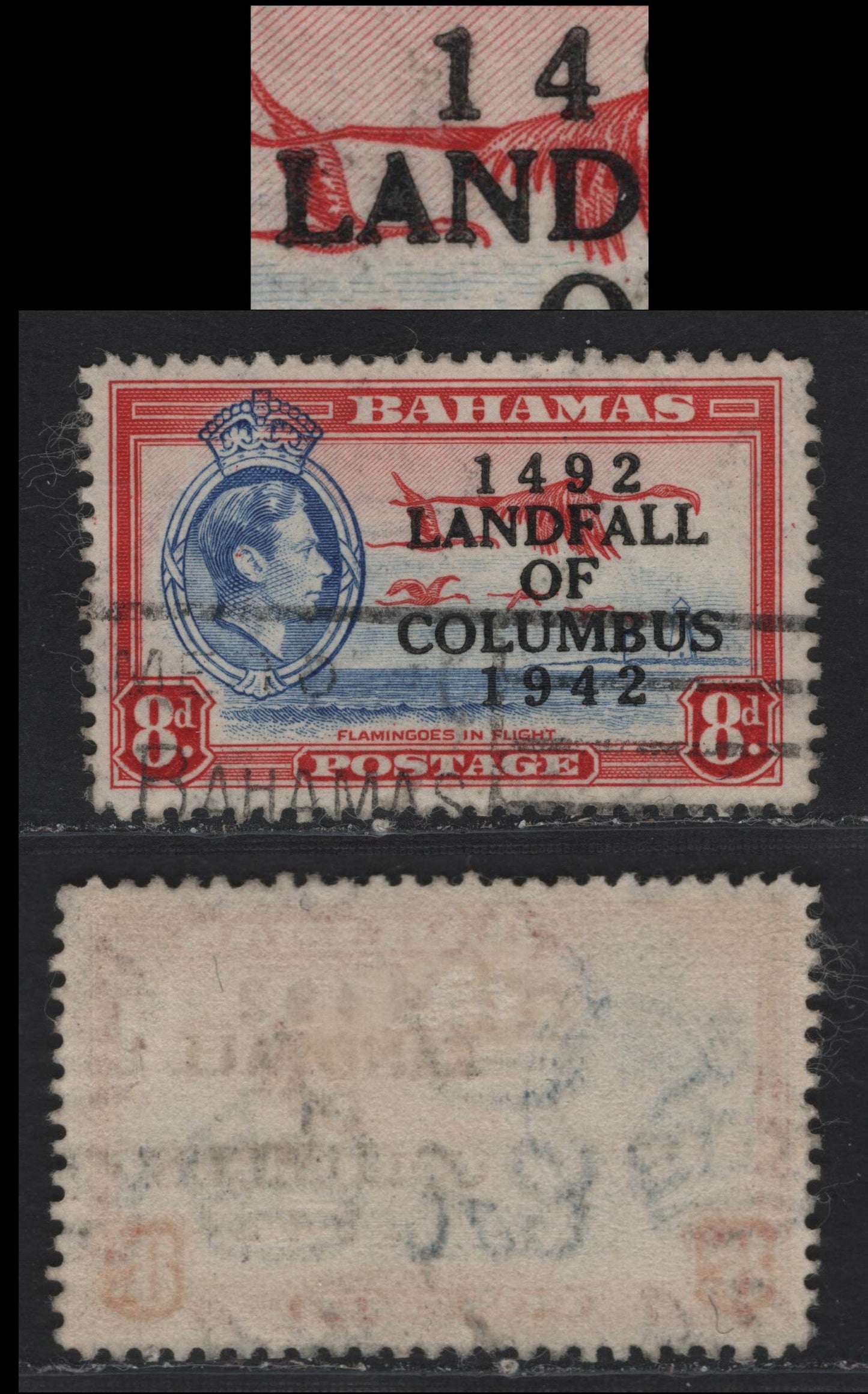 Lot 287 Bahamas (C)SG#170var 8d Ultramarine - Scarlet , 1942 Columbus Issue, A Fine Used Single, 1944 Printing (or Possibly 1942), On Translucent Paper With Visible Wmk Showing Filled in 'A' of Landfall, Unlisted In Gibbons.