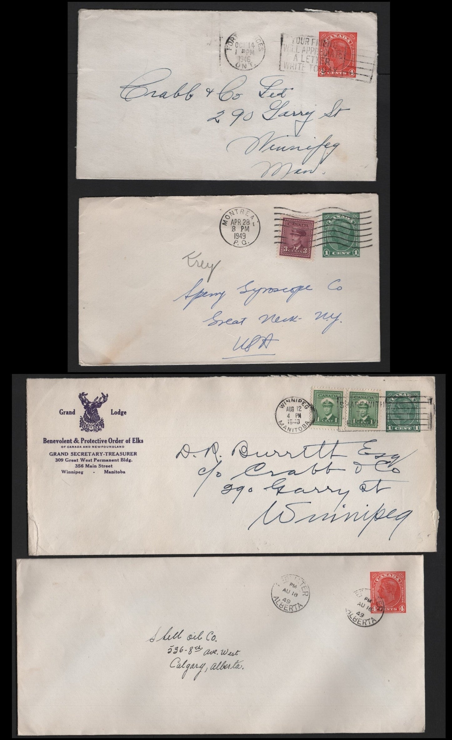 Lot 114 Canada #U49-a, U65-a 1c - 4c Blue Green - Red , Postal Stationary Envelopes, 3 Fine/Very Fine Used Envelopes, #8 & #10 Envelopes, Sent Between 1946 & 1949 At 4c Domestic & US Rates