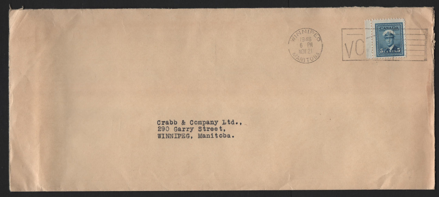 Lot 123 Canada #255 5c Blue , 1942-1943 KGVI War Issue, A Very Fine Cover, Overpaid Double Weight Local Cover In Winnipeg, 1946 Legal Firm Document Envelope Sent to Crabb & Company