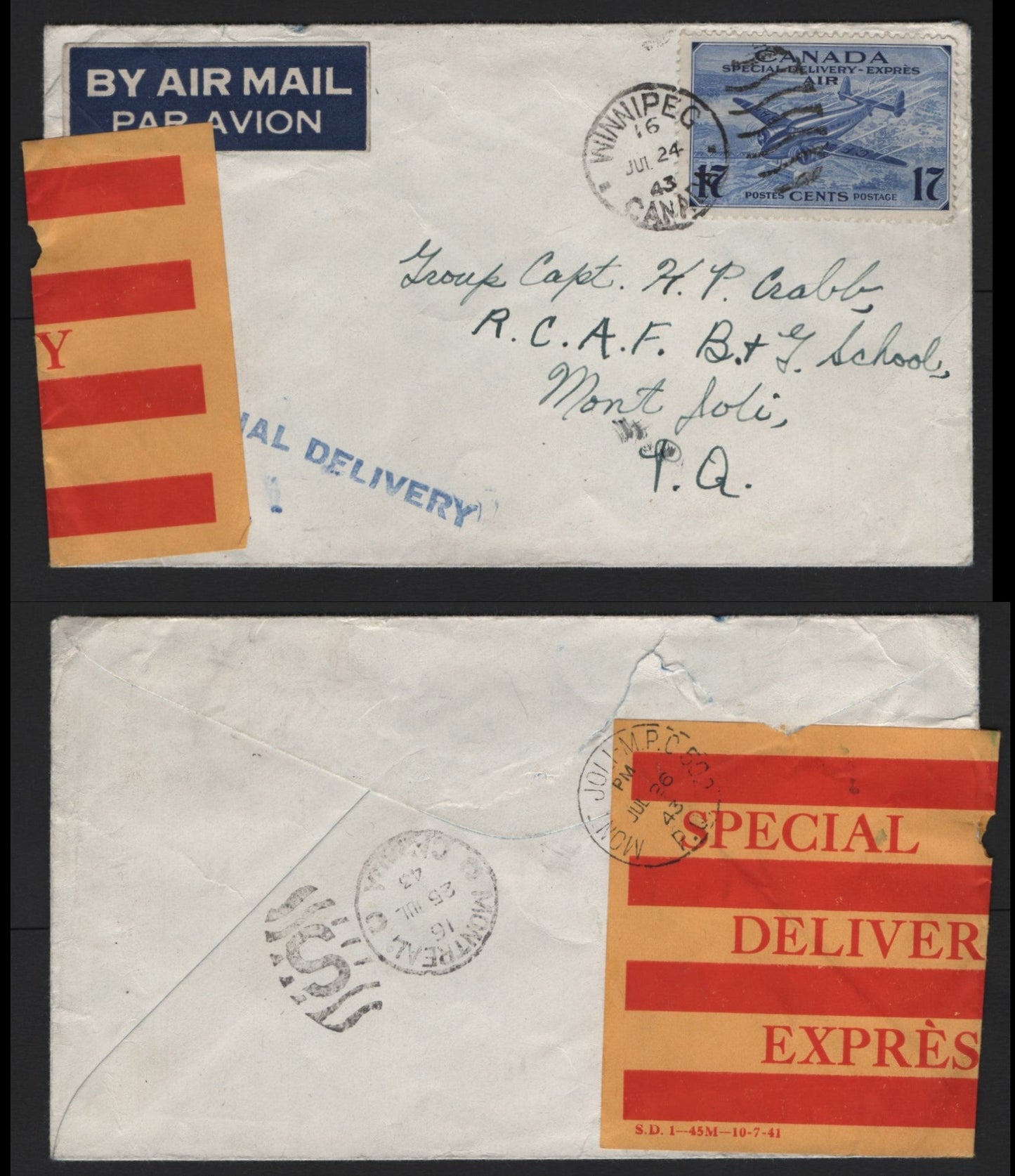 Lot 132 Canada #CE2 17c Dark Ultramarine , 1942-1943 Airmail Special Delivery Issue, A Very Fine Cover, July 24 1943 Airmail Special Delivery Cover From Mont Jolie Military Post Office To Winnipeg
