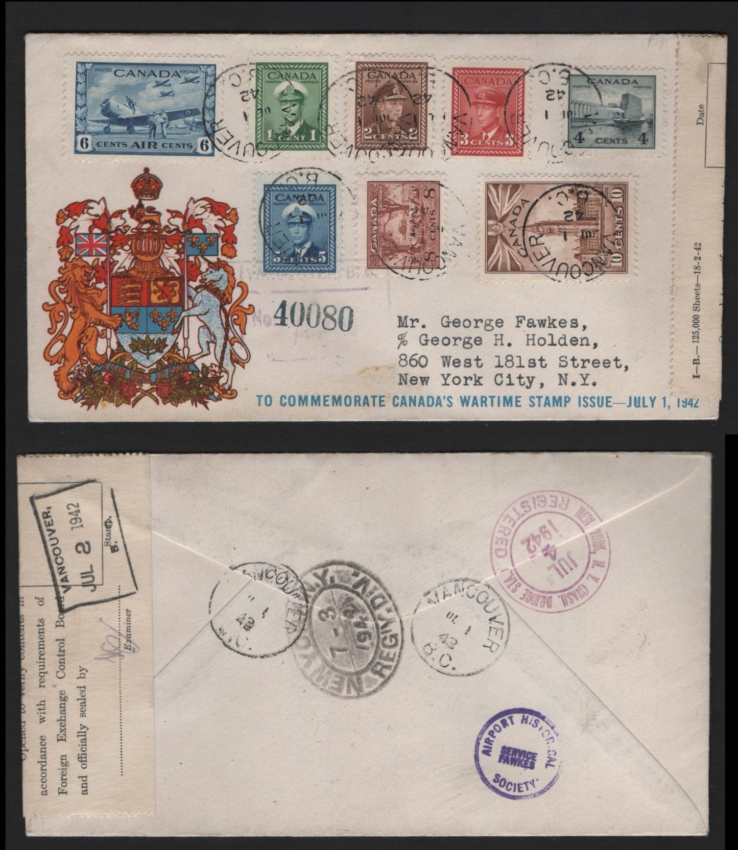 Lot 135 Canada #249-251, 253, 255-257, C7 1c - 6c Green - Blue , 1942-1943 KGVI War - Airmail Issues, A Very Fine Cover, Sealed W Talbot FDC, Multicolored Coat of Arms Cachet, Sealed With Signed & Dated Foreign Exchange Control Board Label.