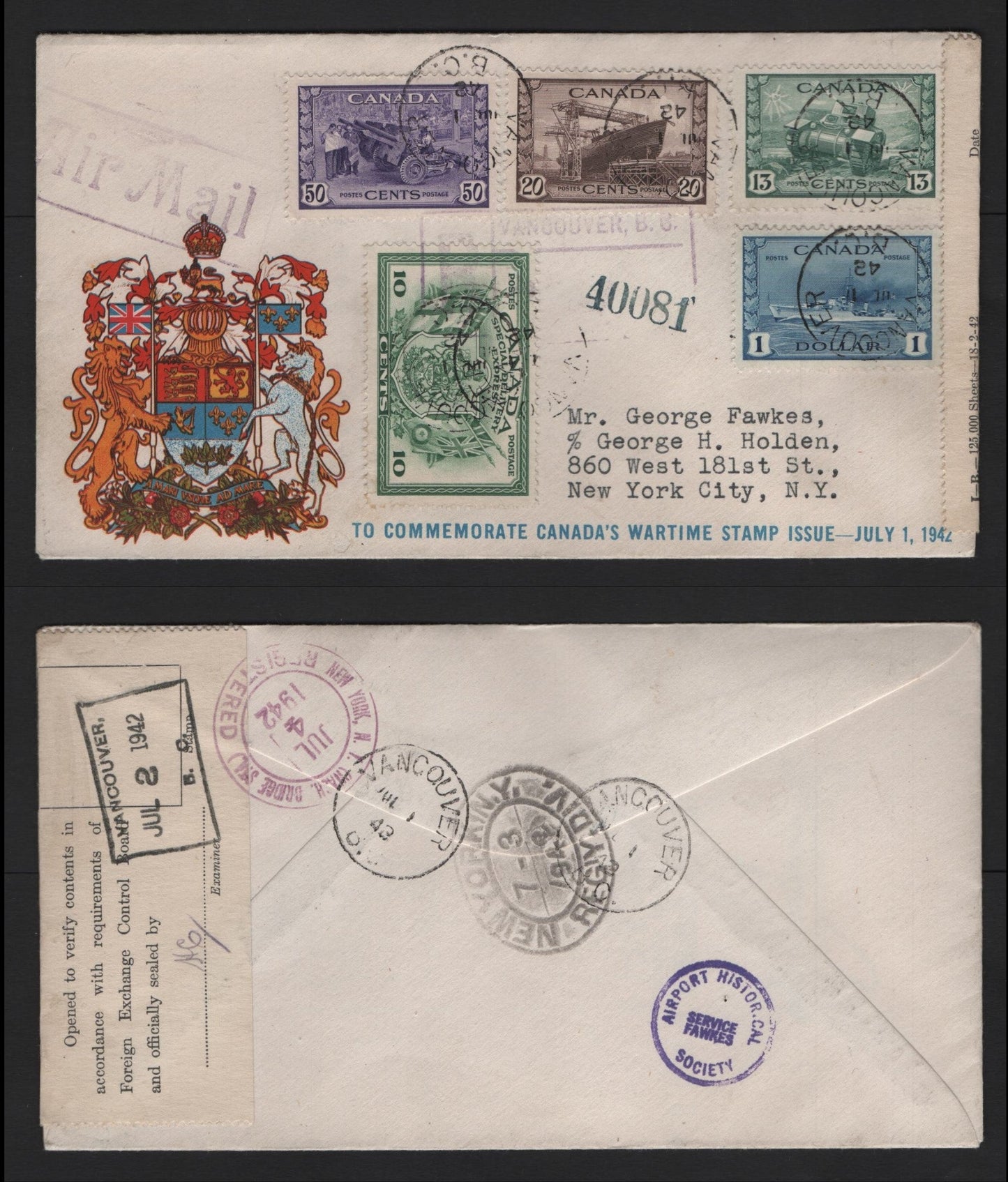 Lot 136 Canada #258, 260-262, E10 10c - $1 Green - Blue , 1942-1943 KGVI War - Special Delivery Issues, A Very Fine Cover, W Talbot FDC Cover, Sealed With A Signed & Dated Foreign Exchange Control Board Label