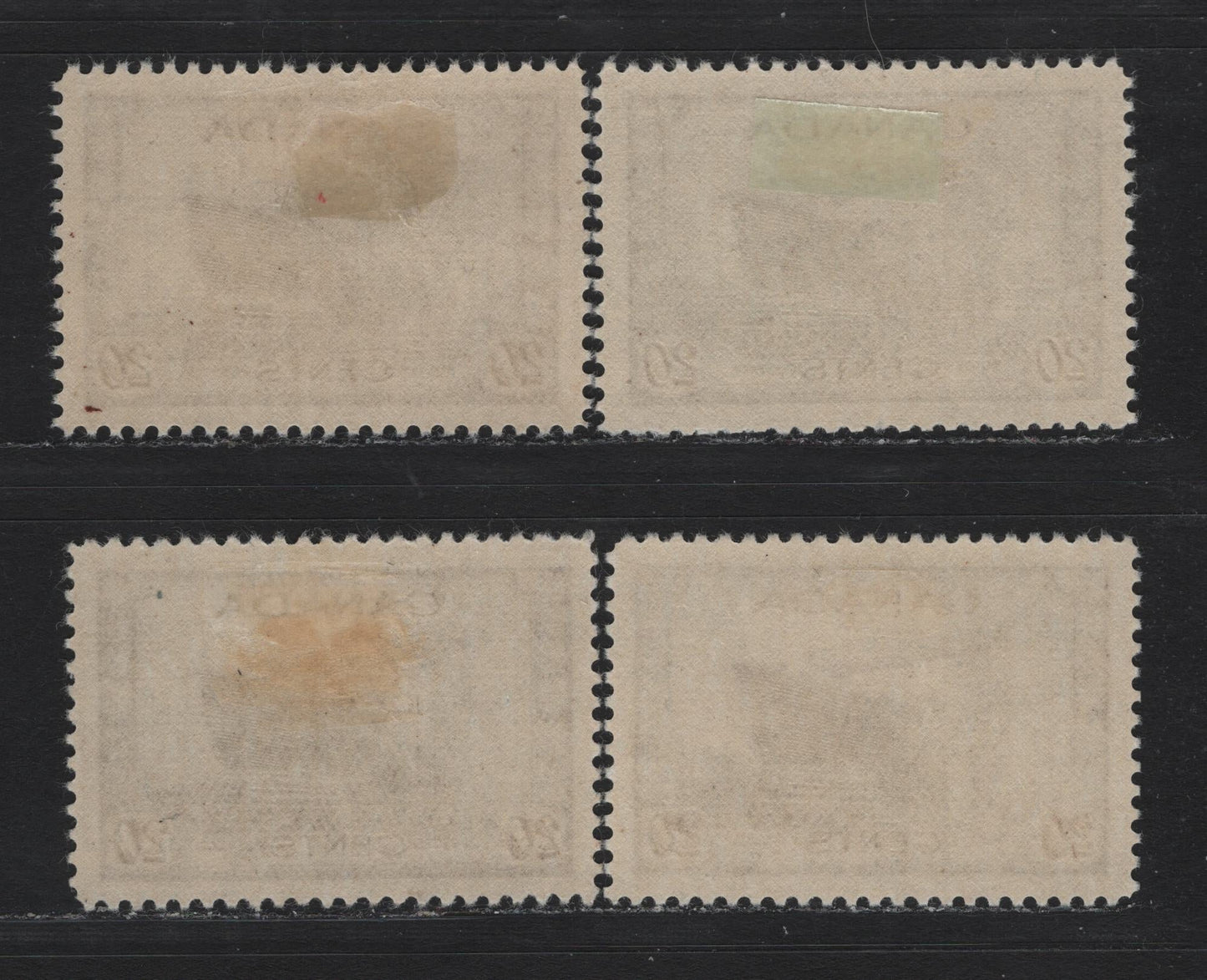 Lot 183 Canada #260 20c Purple Brown Corvette, 1942-1943 KGVI War Issue, 4 VFOG Singles, CBN-AAAAA Paper, Perfs 12x11.9, 12x11.85 & 12 (2 shades)