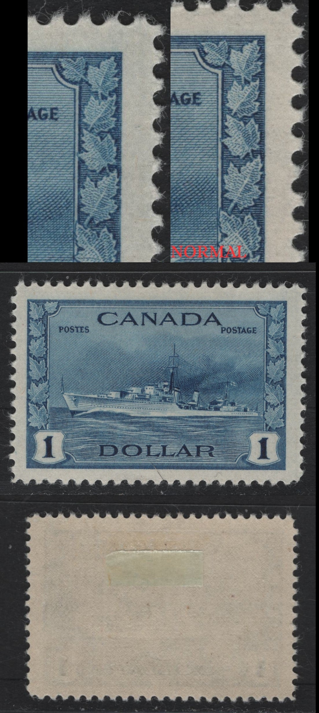 Lot 217 Canada #262 $1 Deep Bright Blue Tribal Class Destroyer, 1942-1943 KGVI War Issue, A VFOG Single, CBN-TTTT Paper, Perf 11.9x12, Showing Minor Re-Entry At Upper Right In The Frameline, Where The Horiz Shading Lines Extend Just Beyond the Frameline.