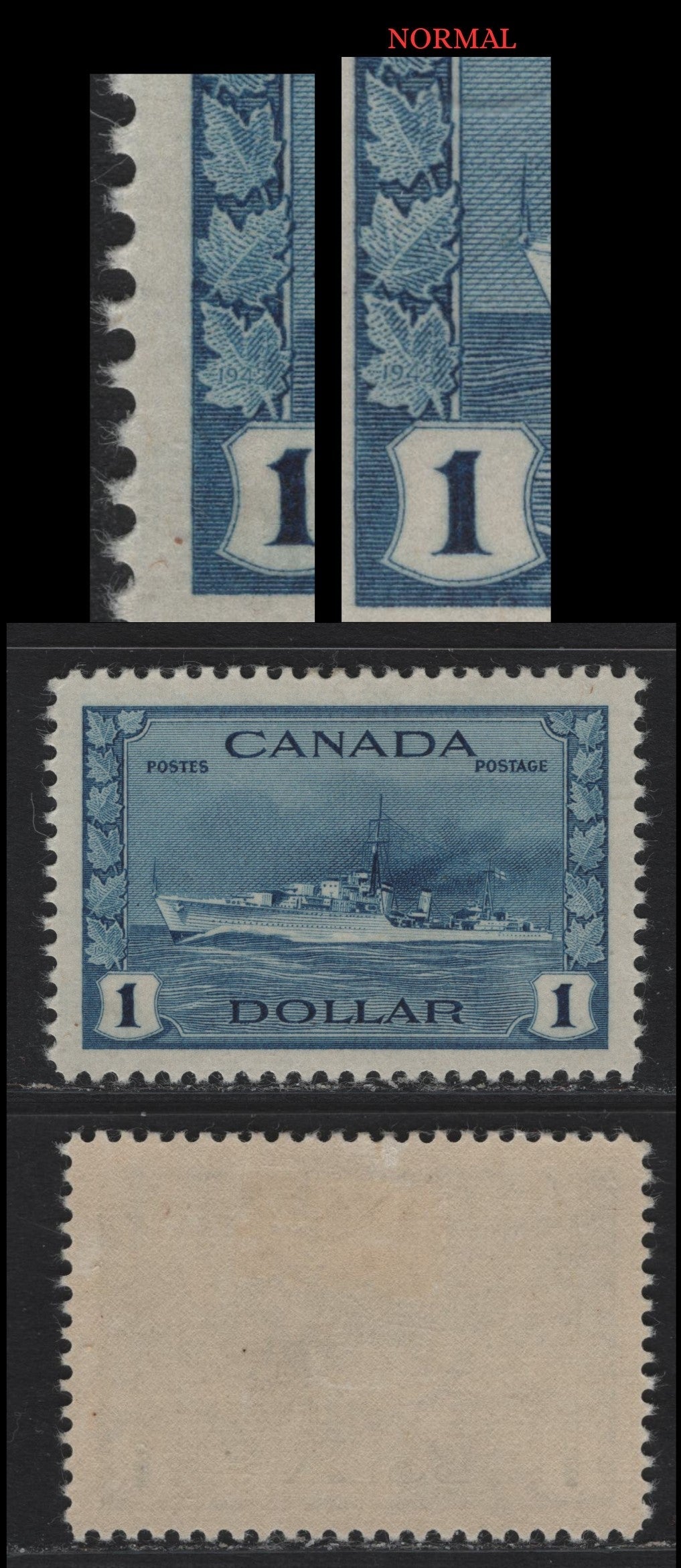 Lot 223 Canada #262 $1 Deep Bright Blue Tribal Class Destroyer, 1942-1943 KGVI War Issue, A VFOG Single, CBN-ZZZZ Paper, Perf 11.9, Showing Minor Re-Entry In Middle Of Left Frameline.