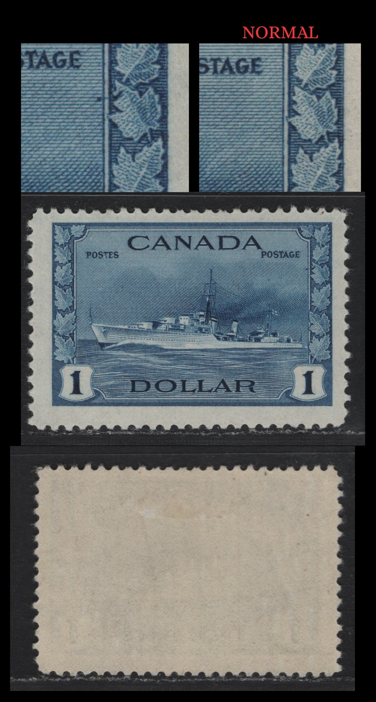 Lot 228 Canada #262 $1 Deep Bright Blue Tribal Class Destroyer, 1942-1943 KGVI War Issue, A FOG Single, CBN-BBBBB Paper, perf 11.9, Showing 'Seagull' Variety, A Dot To The Left Of the Right Frameline To The Lower Right of the 'Postage' Inscription.