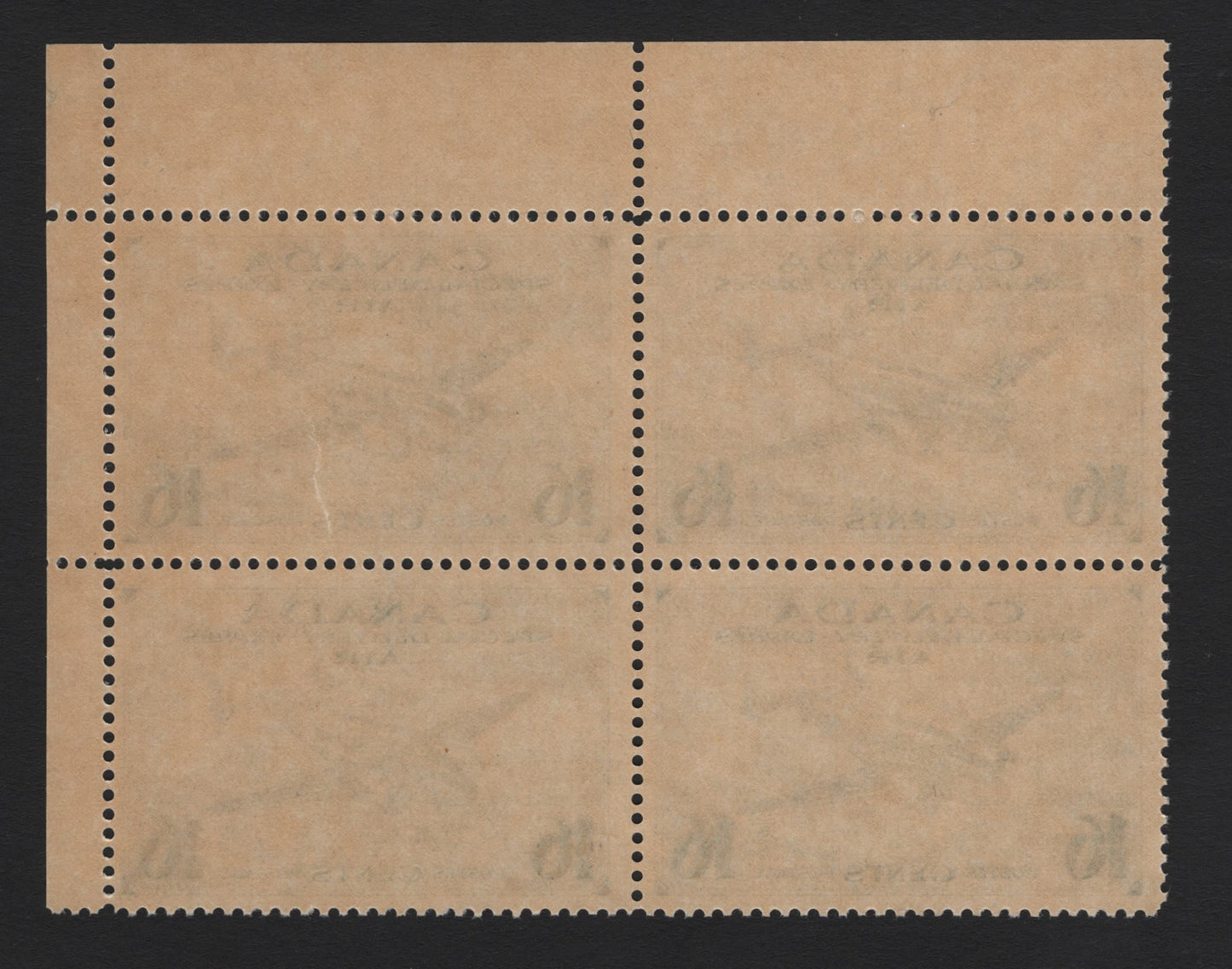 Lot 249 Canada #CE1 16c Deep Ultramarine Trans-Canada Airplane, 1942-1943 Airmail Special Delivery Issue, A FNH UR Field Stock Block Of 4, CBN-II Paper, Perf 11.9, Showing Cutting Guidelines.