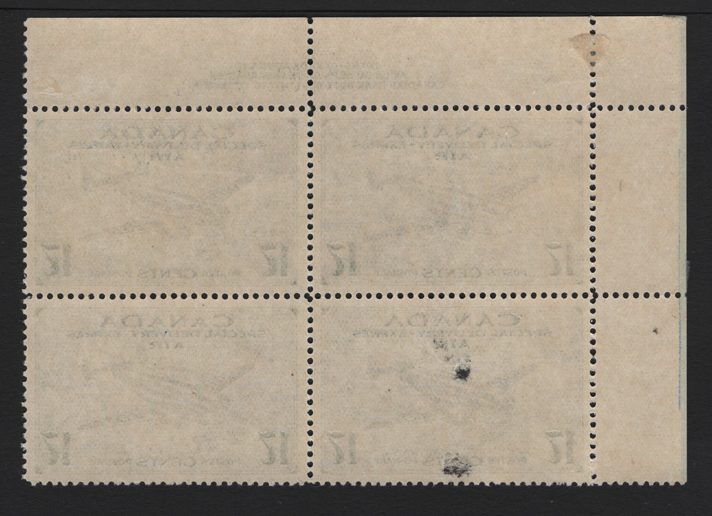 Lot 264 Canada (C) #CE2 17c Deep Ultramarine Trans-Canada Airplane, 1942-1943 Airmail Special Delivery Issue, A VFOG UR Plate 1 Block Of 4, CBN-GGGGG Paper, Perf 12