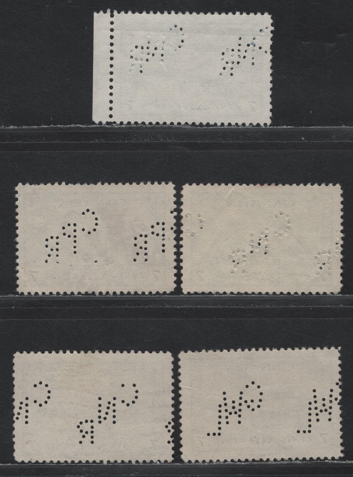 Lot 291 Canada #C8 7c Dull Blue - Grenish Blue Air Training Plan, 1942-1943 Airmail War Issue, 5 Fine/Very Fine Used Singles, Private Perfins, All Pos. 1, Unchecked As To Papers & Perfs.