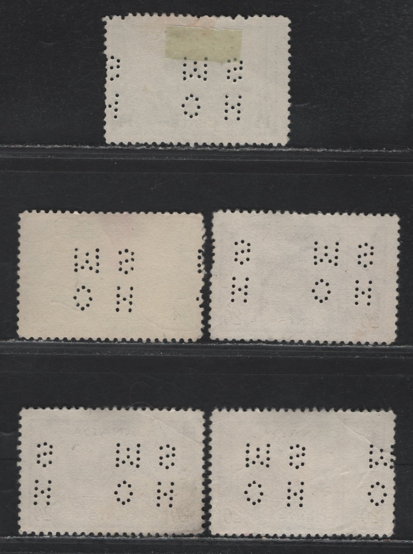 Lot 312 Canada #O10-259, O10-260 14c - 20c Myrtle Green - Chocolate Ram Tank - Corvette, 1942-1943 KGVI War Issue, 5 Fine Used Singles, 4-Hole OHMS Perfin, Revised Die From Pos. 3, Unchecked As To Paper Types & Perfs.