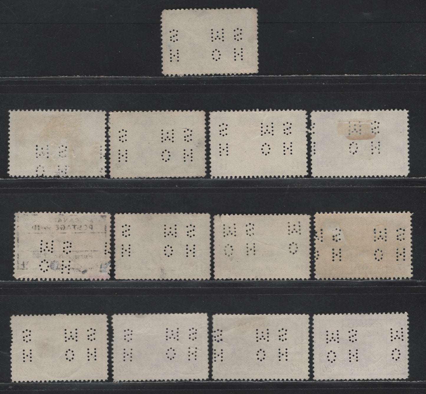 Lot 314 Canada #O9-259, O9-260, O9-C8 14c - 7c Myrtle Green - Dull Blue Ram Tank - Air Training Plan, 1942-1943 War - Airmail Issues, 40 Fine Used Singles, 4-Hole OHMS Perfins, Original Die Pos. 3, Unchecked As To Paper Types & Perfs.