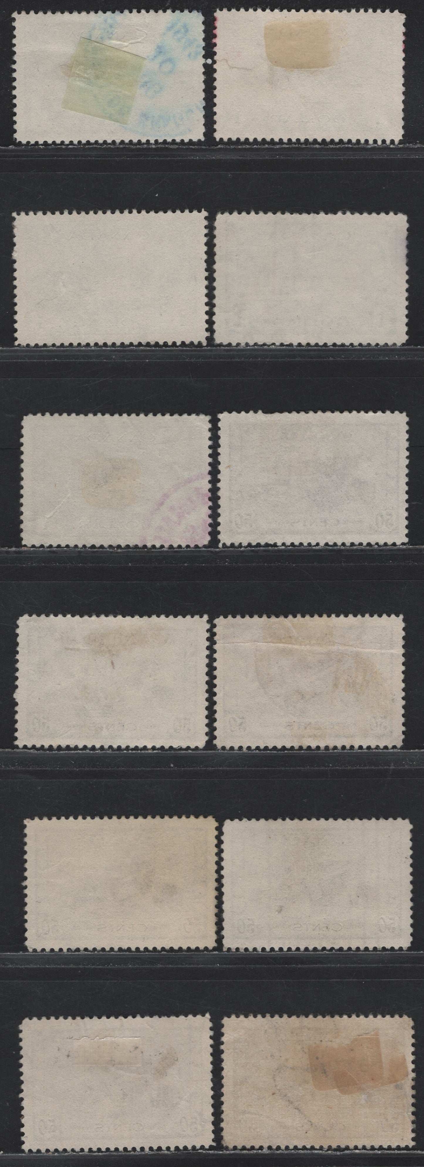 Lot 325 Canada (C) #261-262 50c - $1 Violet - Deep Blue Munitions Factory - Tribal Class Destroyer, 1942-1943 KGVI War Issue, 12 Very Fine Used Singles, Completely Unchecked As To Paper Type & Perforations