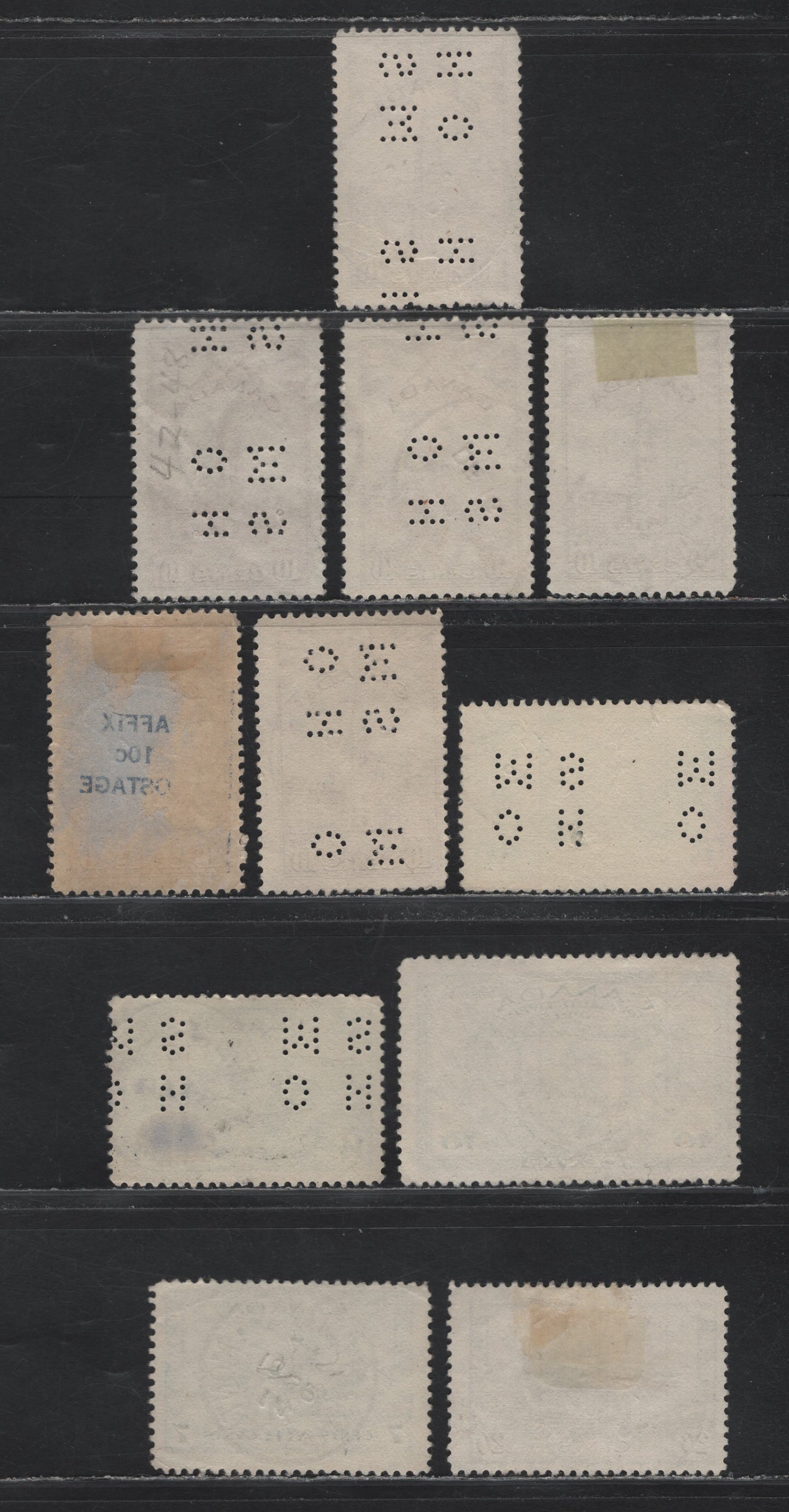 Lot 327A Canada #257, 260, C8, E10, O9-257, O9-259, O10-259 10c - 10c Brown - Green Parliament Building - Ram Tank, 1942-1943 KGVI War Definitive & Airmail Issues, 10 Fine/Very Fine Used Singles, Quebec Cancels, Mostly Montreal