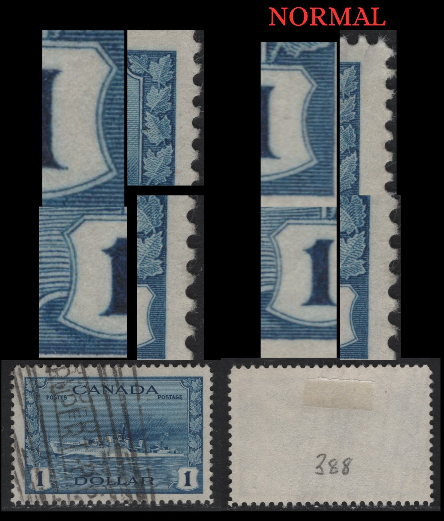 Lot 327 Canada #262 $1 Deep Bright Blue Tribal Class Destroyer, 1942-1943 KGVI War Issue, A Fine Used Single, Opaque Paper With No Clear Mesh, Showing Clear Major Re-Entry Of Both Right Frameline & Curved Lines Of Right Value Tablet, Perf 12.1x12.