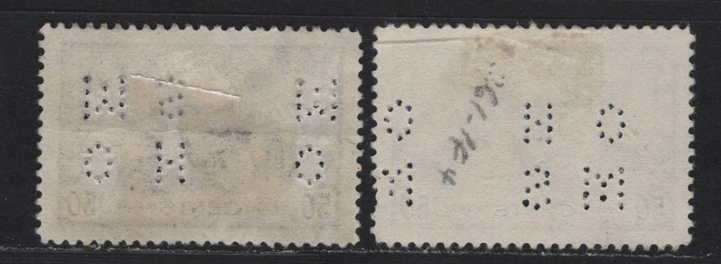 Lot 328 Canada #O9-261 50c Violet - Deep Violet Munitions Factory, 1942-1943 KGVI War Issue, 2 Very Fine Used Singles, 4-Hole OHMS Perfins, Original Die From Pos. 1 & 2, Unchecked As To Paper Types & Perfs.