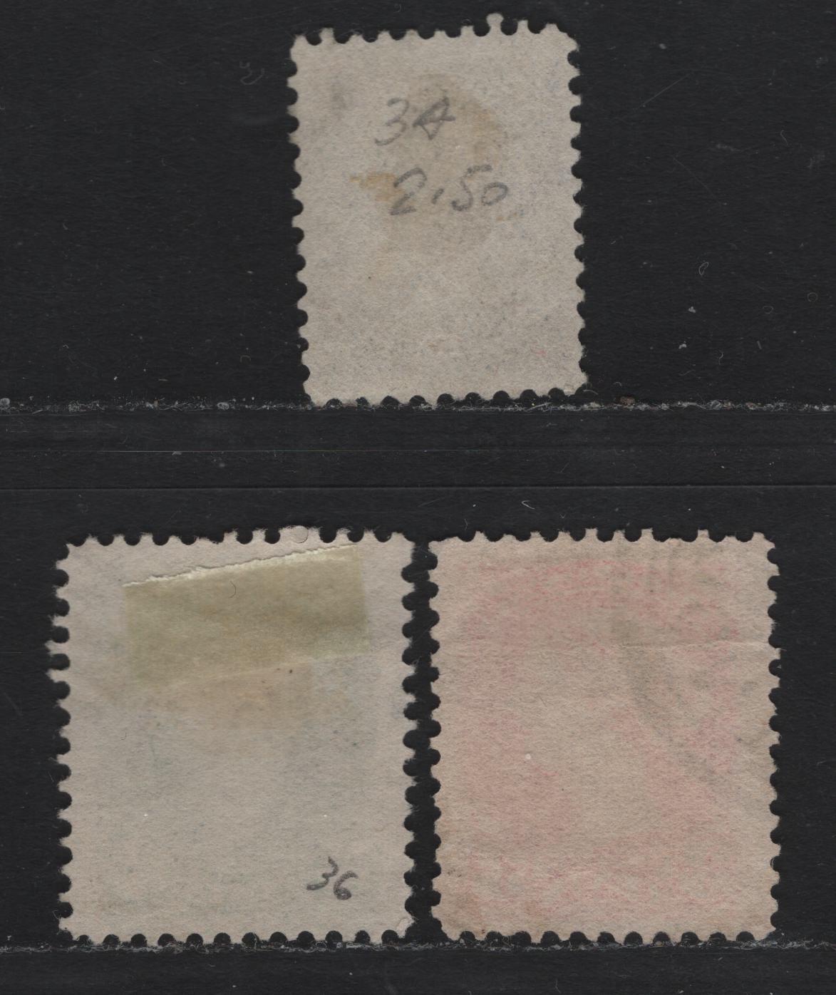 Lot 6 Canada (C) #34, 36i 41 1/2c - 3c Black - Vermillion Queen Victoria, 1870-1897 Small Queen Issue, 3 Fine/Very Fine Used SIngles, Unchecked As To Paper Type & Perf, Light Horizontal Bend In 3c Visible Only From The Back, 2nd Ottawa Printings.