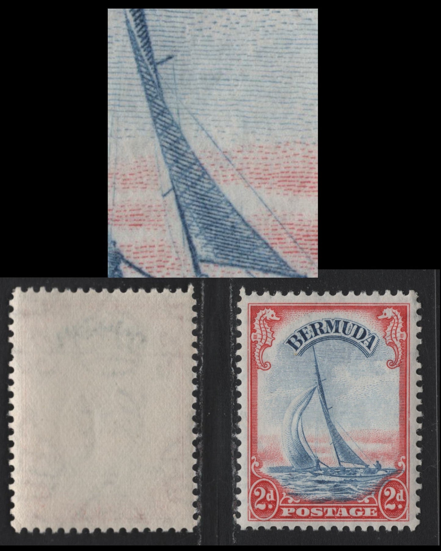 Lot 232 Bermuda SG#112avar 2d Scarlet & Deep Blue , 1936-1952 KGVI Pictorial Issue, A VFNH Single, Line Perf Printing In This Scarce Shade, Showing Vertical Hairline From Sail Variety, Translucent Paper, Barely Visible Wmk, 1946-48 Printing.