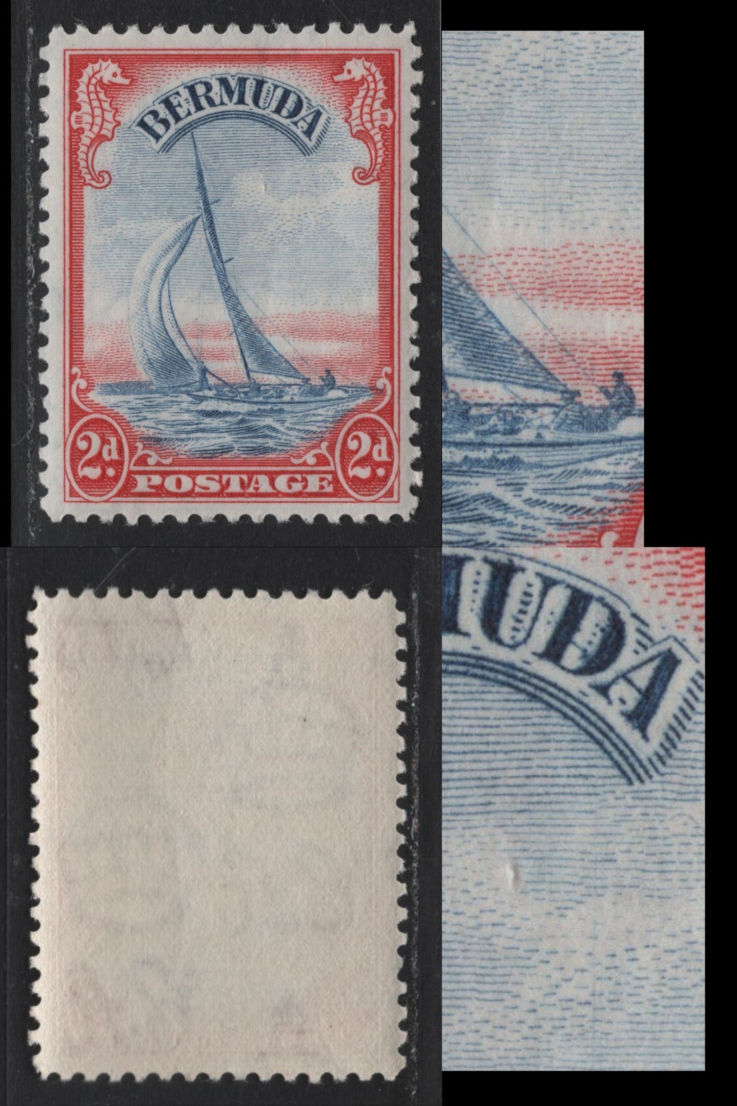 Lot 234 Bermuda SG#112avar 2d Scarlet & Ultramarine , 1936-1952 KGVI Pictorial Issue, A VFNH Single, 1946-48 Printing On Translucent Paper, Barely Visible Wmk & Smooth Appearing Gum, Fine Diagonal Cracks & Line Perf, Fine Vert. Hairline In Ultramarine.