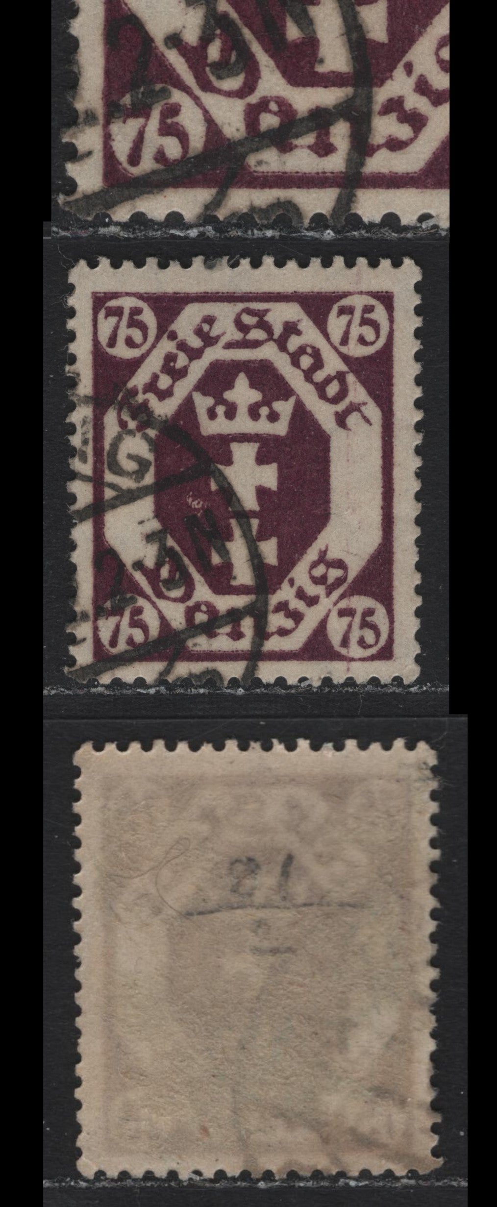 Lot 284 Danzig SC#81var (Michel# 93var) 75pf - 4m Deep Red Violet , 1922 Arms Issue, A Very Fine Used Single, Showing Vertical Scratch Through Right '7', Postal Cancel