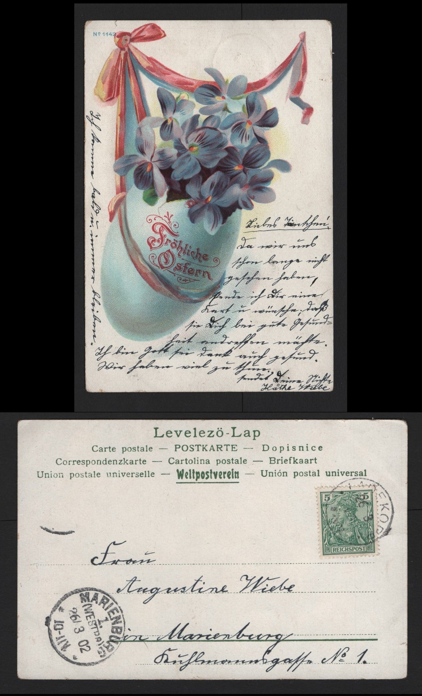 Lot 364 Germany Michel#55 5pf Green, A Very Fine Used Postcard, 1902 Easter Postcard, Sent From Danzig To Marianburg