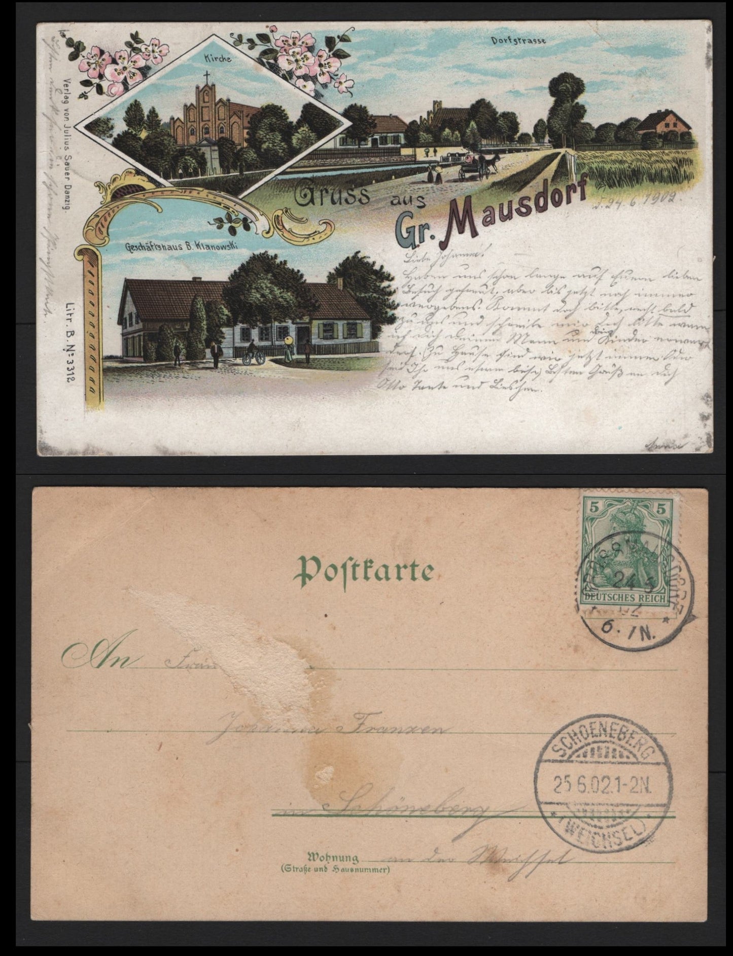 Lot 368 Germany Michel#70a 5pf Dark Opal Green, A Fine Used Color Undivided Back Postcard, Depicting Grussaus Gr Mausdorf IN Danzig, Small Thin On Address Side Of This Card