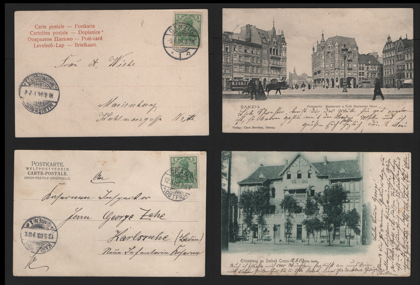 Lot 369 Germany Michel#70b 5pf Green & Dark Green, 2 Very Fine Used Black & White Undivided Back Postcards, One Sent From Danzig to East Pruissia (August 1904), Other Sent Fran, East Prussia To Karlsruhe, Baden