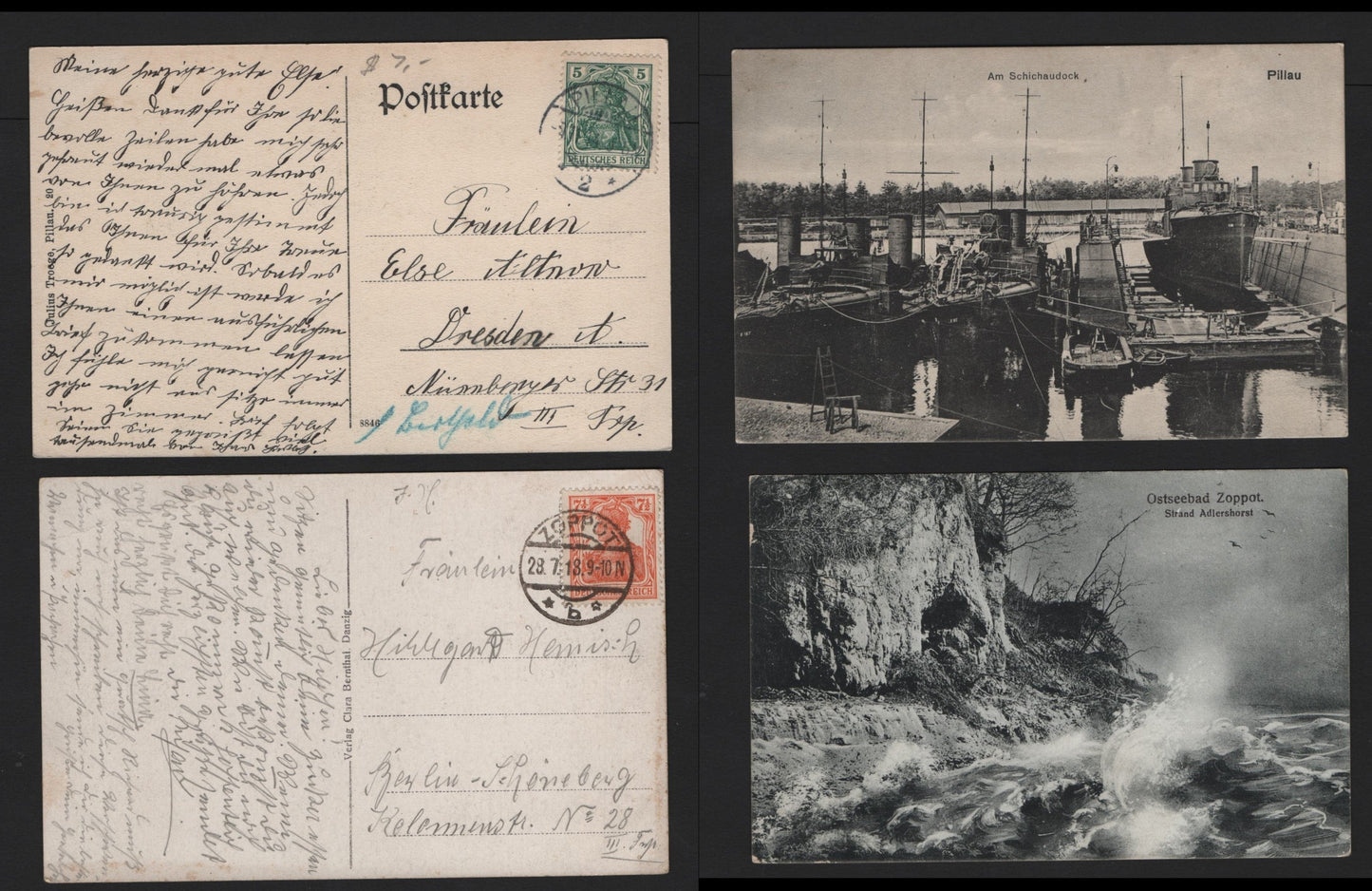 Lot 376 Germany Michel#99a - 85Ia 5pf - 7.5pf Deep Green - Reddish Orange, 2 Very Fine Used Covers, Two Danzig Black & White Postcards To Germany, One Card Depicts Docks At Pillau & Cancellation From There, Other Depicts Cliffs of Zoppt.