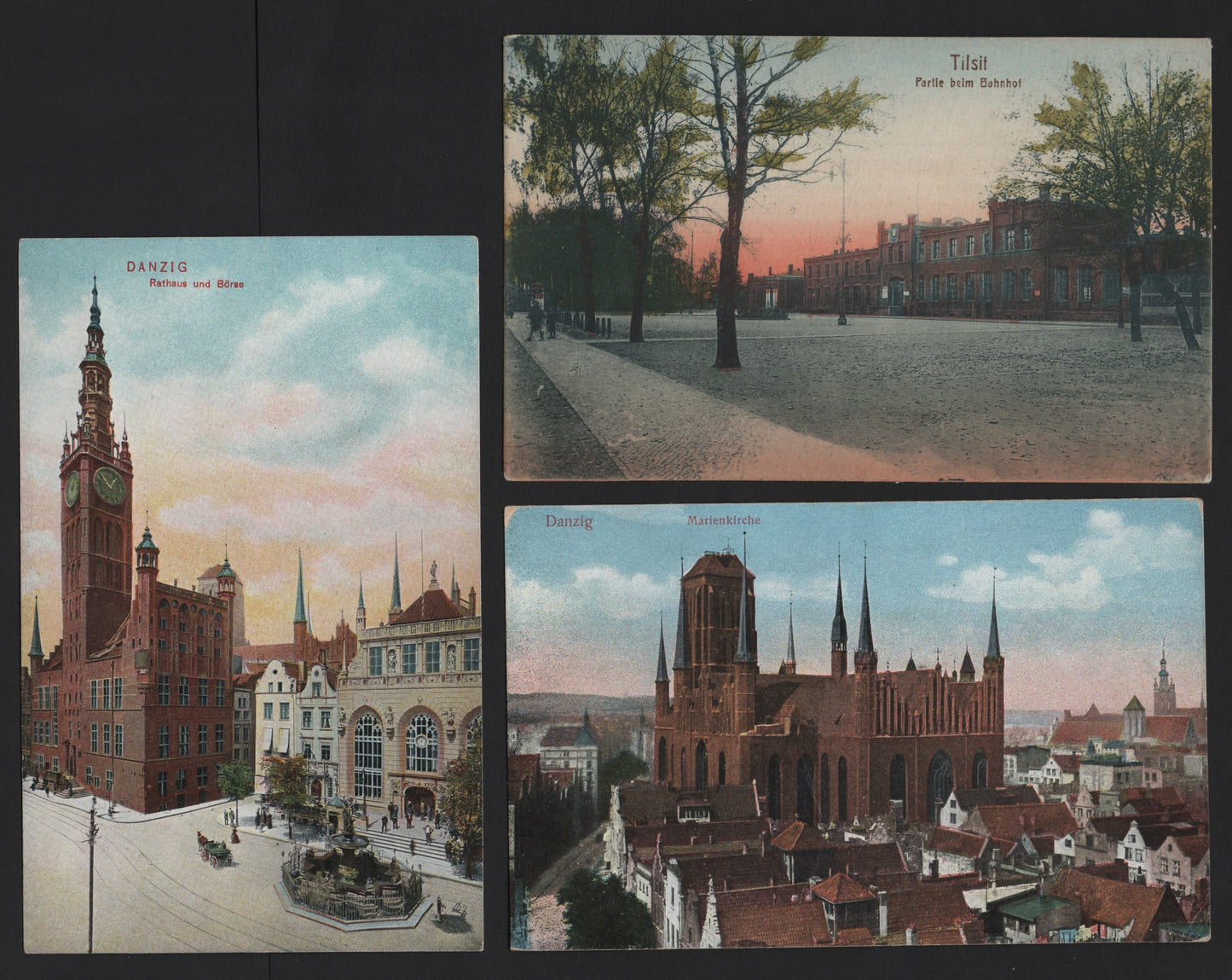 Lot 380 Danzig SC, 3 Very Fine Used Color Postcards, Early 1900's Color Postcards, Depicting Tilsit, Rathaus & Barse and Marienkirche