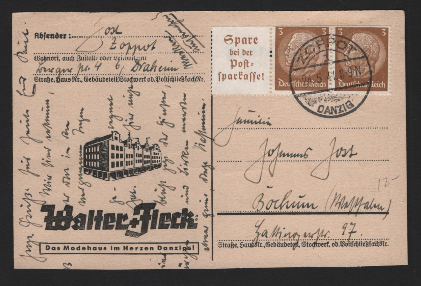 Lot 386 Germany Michel#K22 4pf Ochre Brown, A Very Fine Used Cover, Franked With Booklet Pair, Walter & Fleck Commercial Postcard From Danzig to Germany