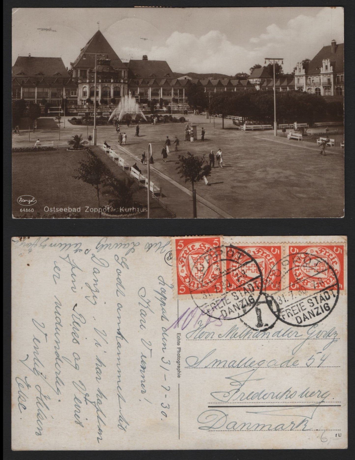Lot 389 Danzig Michel#193xa 5pf Reddish Orange, A Very Fine Used Cover, Franked By 3 Coil Singles, Gripper Marks Used On Sepia Postcard Depicting Osteebad-Zoppot In 1930 To Denmark, Shortpaying The Required Postage, Resulting in 'T' Marking.