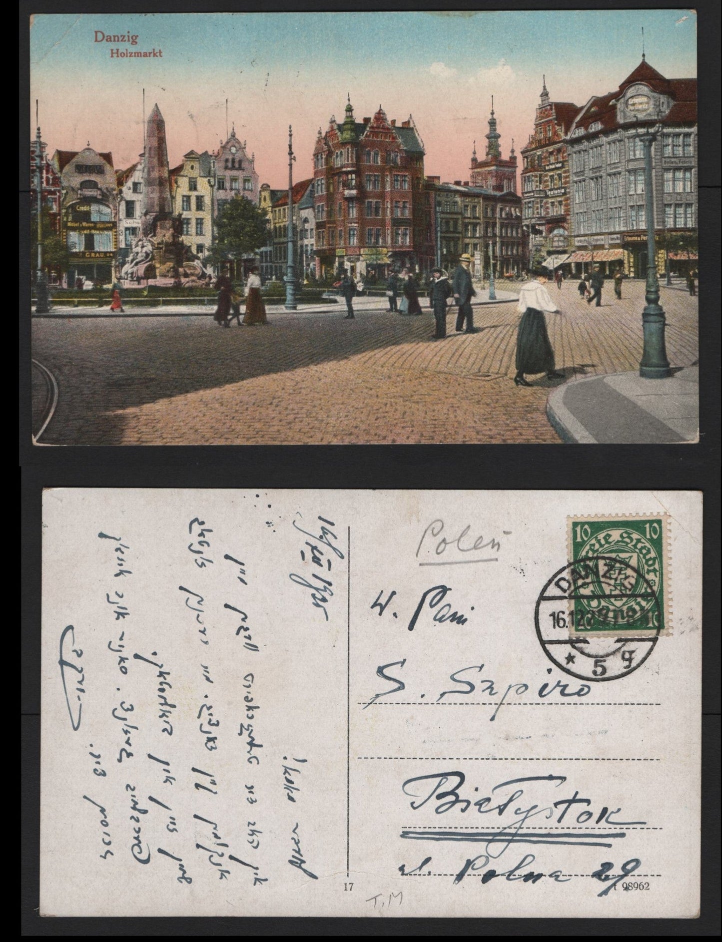Lot 390 Danzig SC#173 10pf Green, 1925 , A Very Fine Used Color Postcard, Franked By Booklet Single, Postcard Depicts Holzmarlat In Danzig, Sent To Poland.