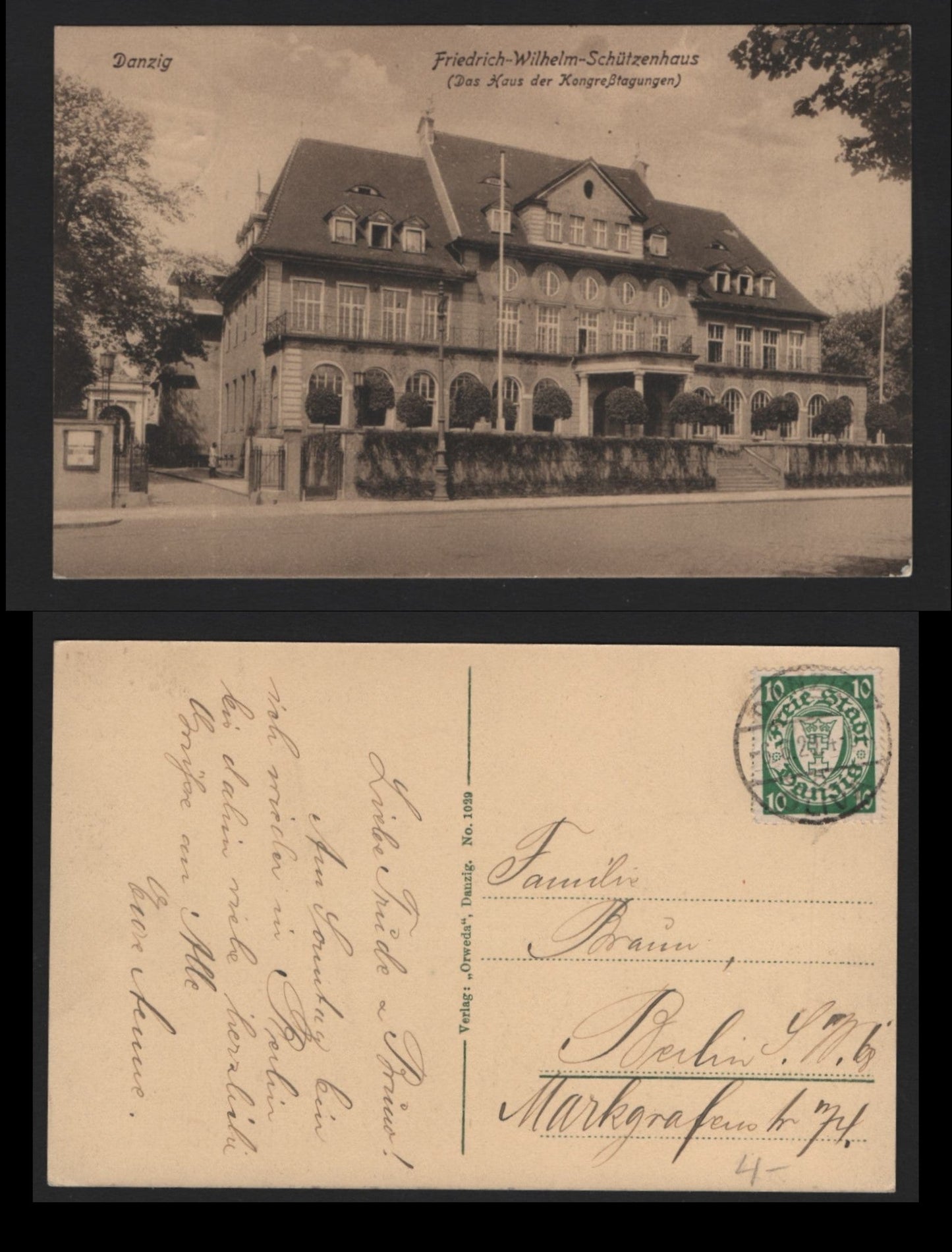 Lot 392 Danzig SC#173a 10pf Green, 1929, A Very Fine Used Cover, Stamps On White Paper, 1929 Sepia Postcard Depicting Friedrich-Wilhelm-Schutzenhaus