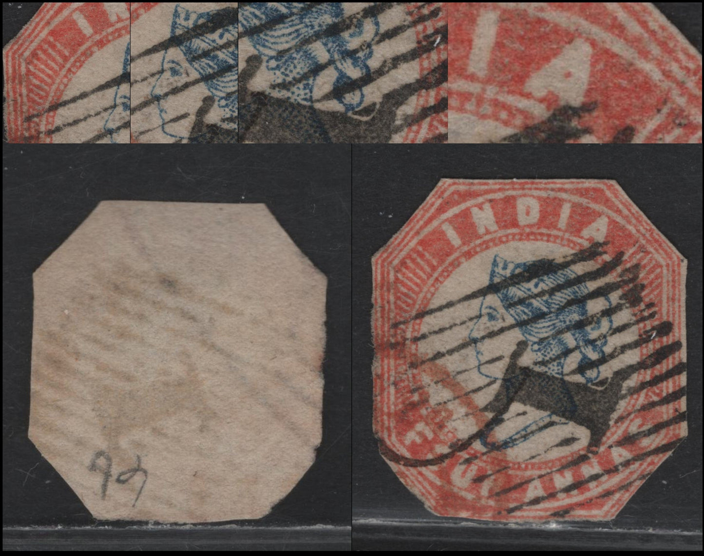 Lot 56A India (C) SG#19 4a Blue & Red , 1854-1855 Lithographed Queen Victoria Issue, An Ungraded Single, Second Printing, Head Die II, Frame Die 1, Cut to Shape.
