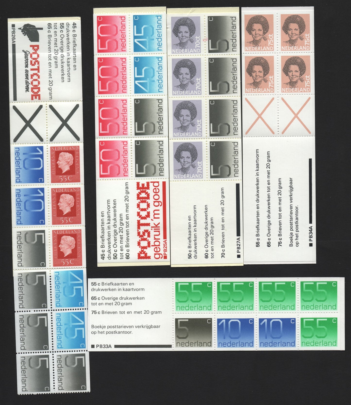 Lot 102 Netherlands SC#536f, 536e, 621a, 622a, 536g 5c - 75c Gray - Pale Pink , 1976-1986 Queen Juliana, Numeral & Queen Beatrix Issues, 5 VFNH Complete Booklets, Various Panes & Cover Designs